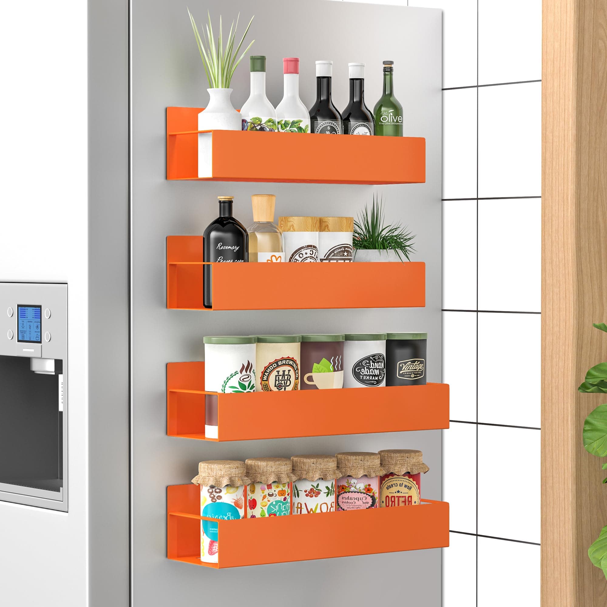 4 Pack Magnetic Spice Storage Rack Organizer for Refrigerator and Oven, Orange Fridge Organizers and Storage