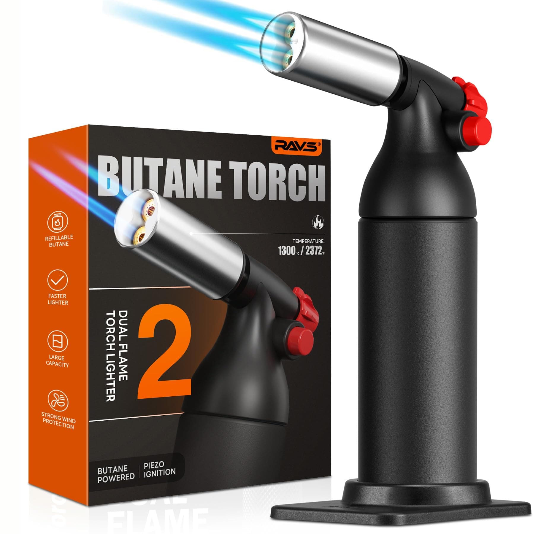 RAVS Butane Torch, Dual Flame Kitchen Torch Lighter for Creme Brulee with 20G Large Capacity and Adjustable Flame, Big Cooking Torch For BBQ, Baking, Black Culinary Torch Butane Is not Included