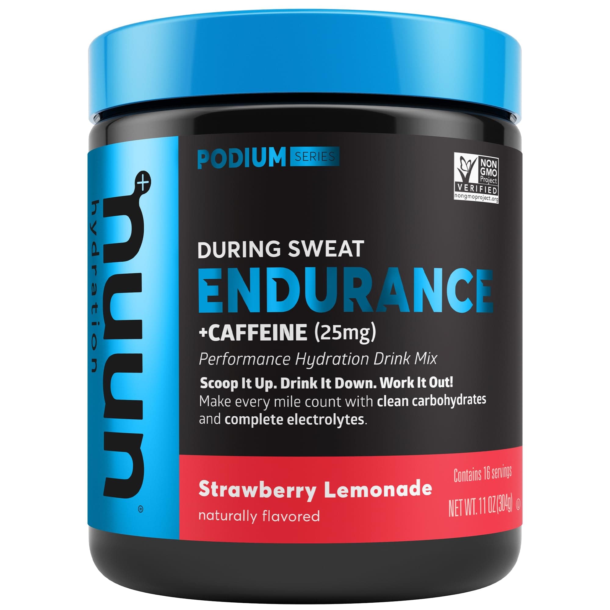 Nuun Hydration Endurance Powder, Strawberry Lemonade + Caffeine, Workout Support, 5 Essential Electrolytes for Hydration + Carbohydrates, Vegan, Non-GMO, (16 Servings - Canister)
