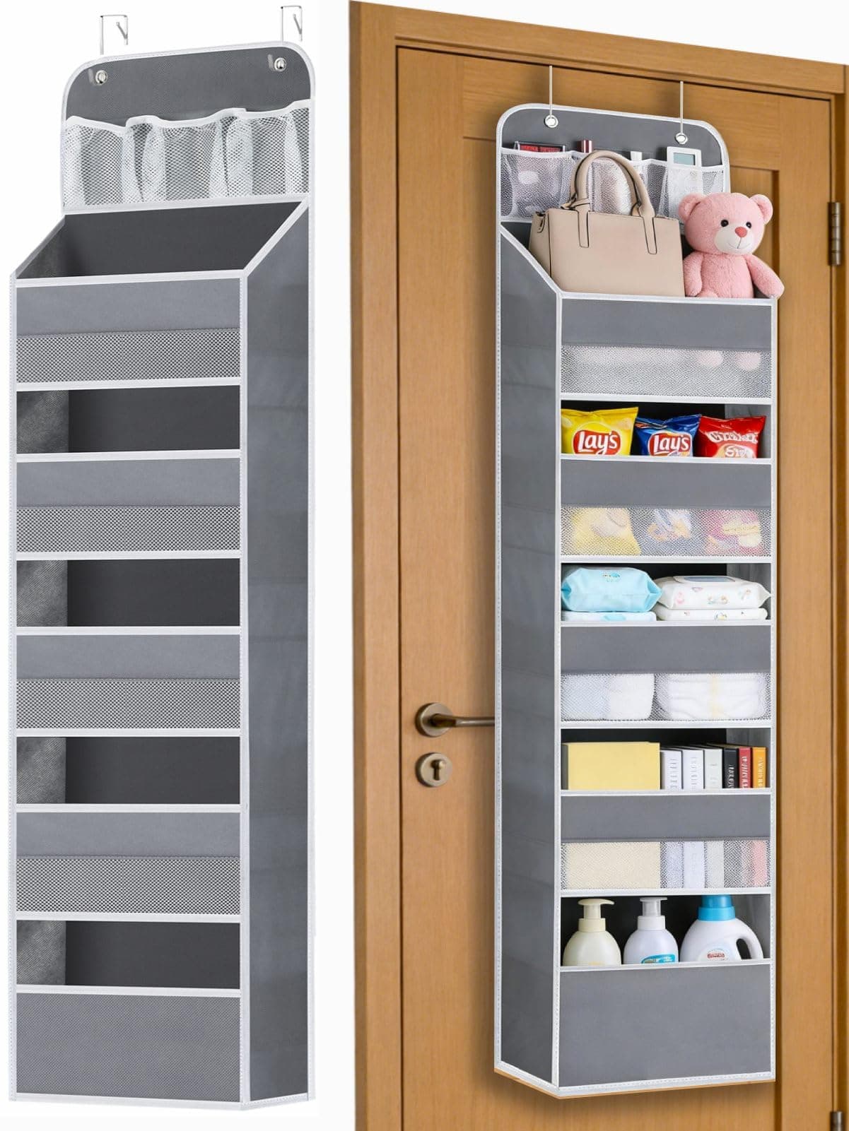 Over the Door Organizers - 5 Tier Hanging Door Storage with 5 Spacious Pockets, Anti -Tilt 44 lb Load Behind Door Organizer for Bedroom,Nursery,Bathroom,Kitchen,Dorm,Pantry - 1 Pack,Grey