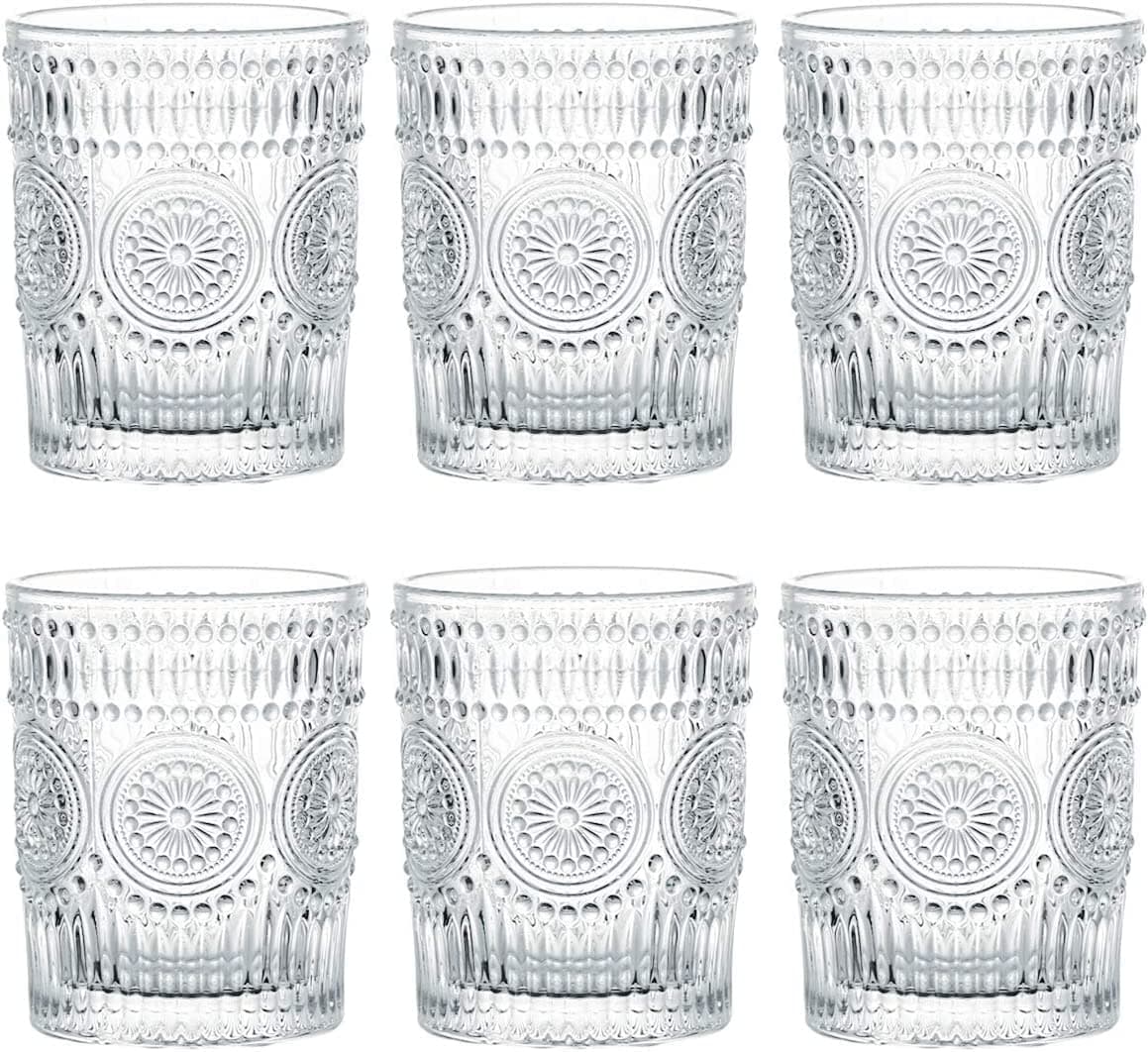 MEETOZ 6 Pack 9.5 oz Romantic Water Glasses, Premium Drinking Glasses Tumblers, Vintage Glassware Set for Whisky, Beer, Juice, Beverages, Cocktail