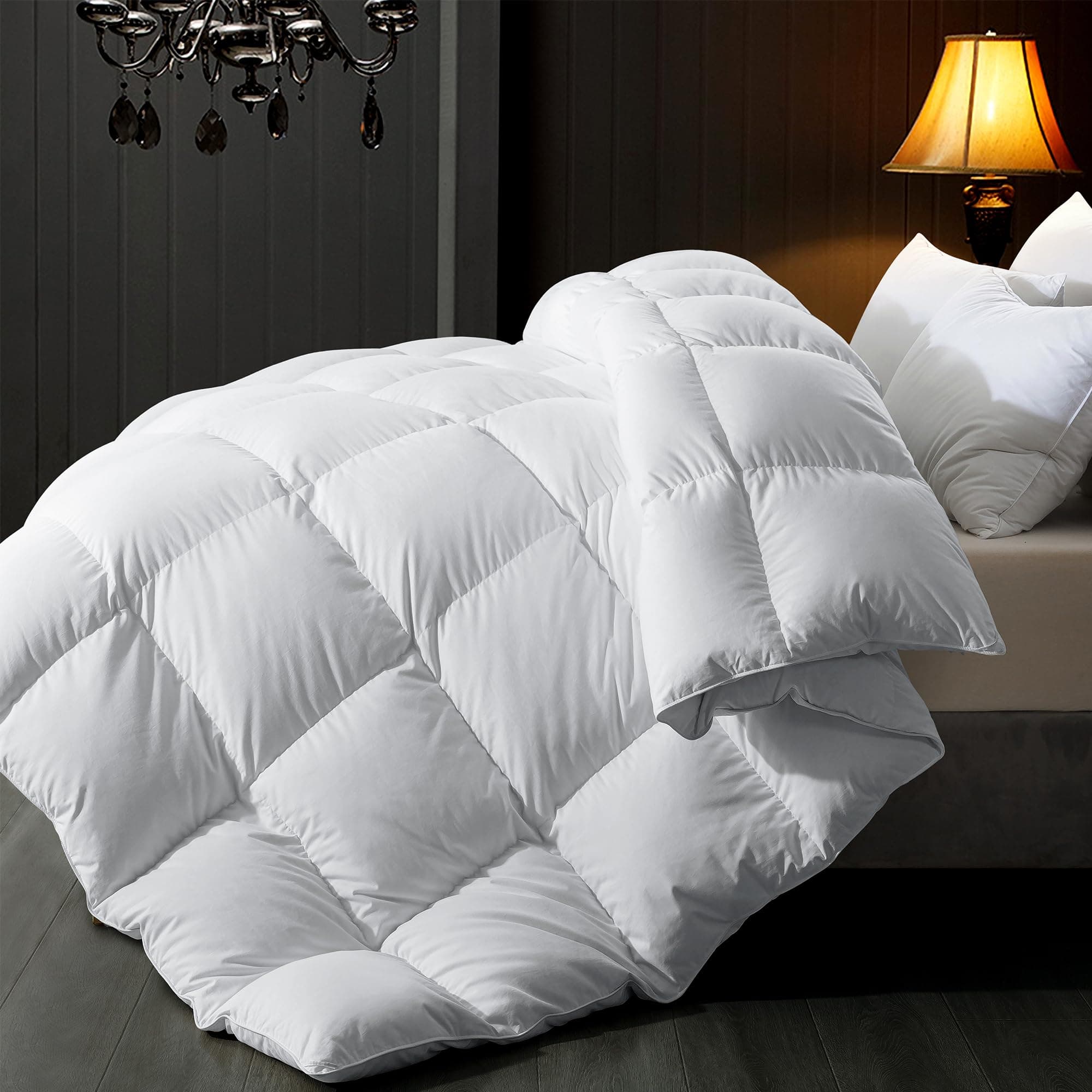ELNIDO QUEEN® Goose Feather Down Comforter Oversized King Size - White Down Duvet Insert, All Season Luxurious Hotel Fluffy Bedding Comforter with Cotton Cover, Oversized King 116x98 Inch