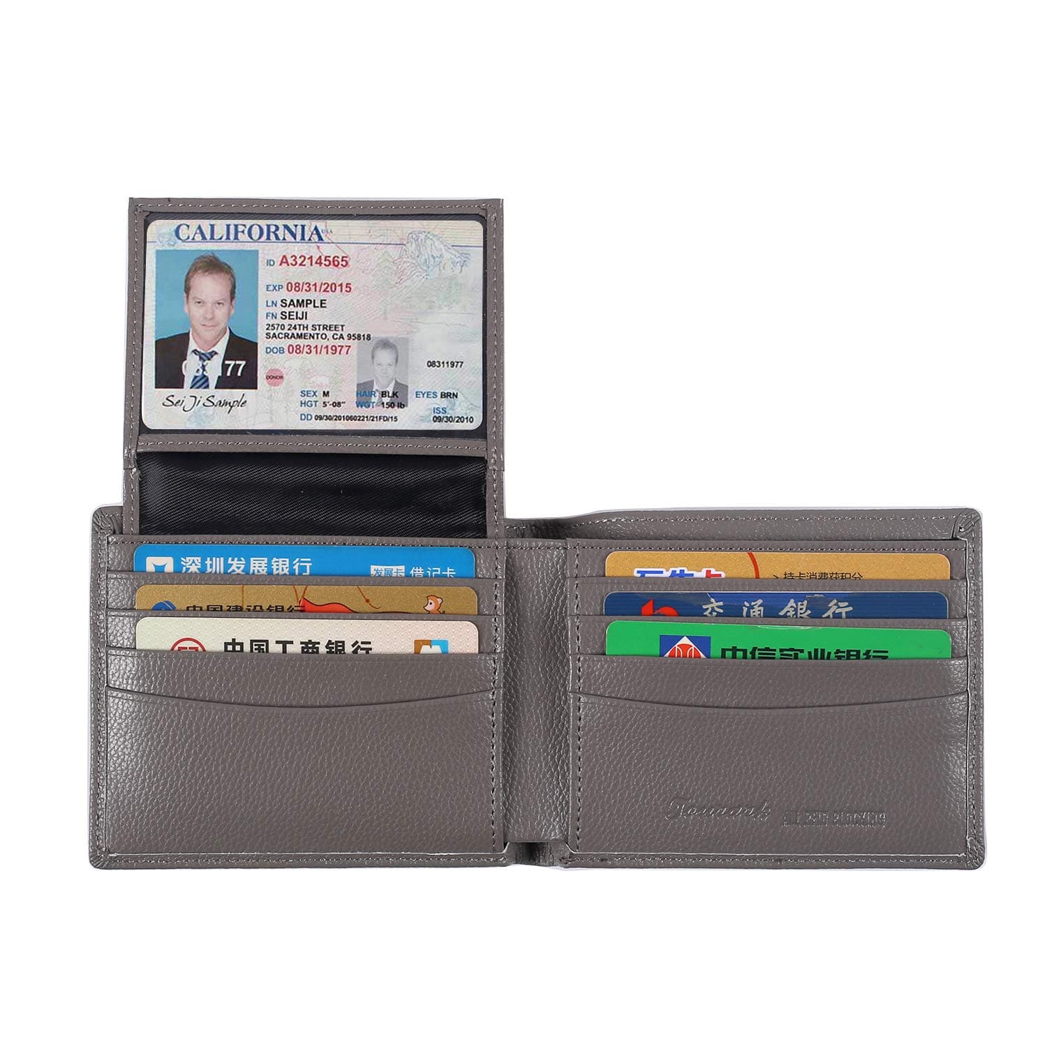 Mens Wallets RFID Blocking Genuine Leather Card Holder Slim Bifold Flip up ID Window (Grey 2 ID All RFID Blocking)