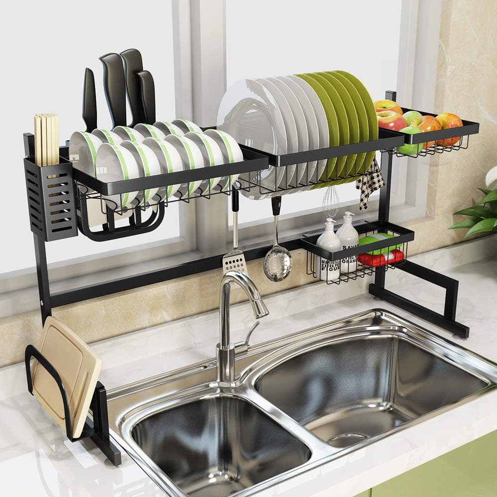 Dish Drying Rack Over Sink Adjustable, Plate Holder Drainer Shelf for Kitchen Storage Counter Organizer Utensils Holder Stainless Steel Anti Rust Save Space(Sink size ≤ 41 inches, black)