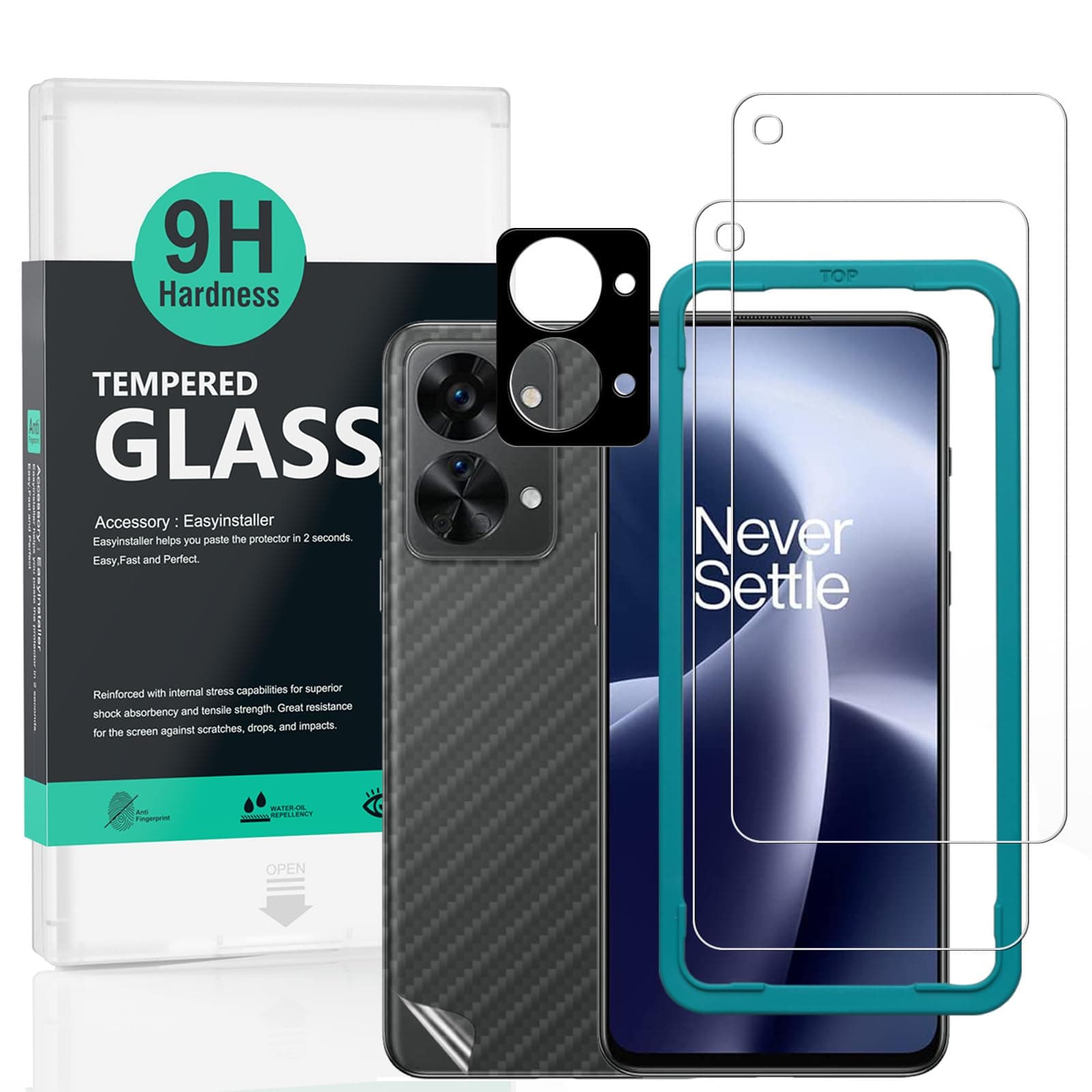 Ibywind Screen Protector For Oneplus Nord 2T 5G(6.43 Inches),with 2Pcs Tempered Glass,1Pc Camera Lens Protector,1Pc Backing Carbon Fiber Film[Fingerprint Reader,Easy to install]