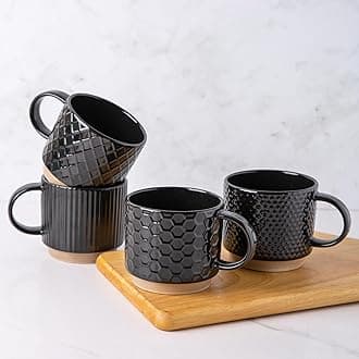 GBHOME 12oz Stackable Modern Black Ceramic Coffee Mugs Set of 4 for Hot Drinks, Dishwasher & Microwave Safe