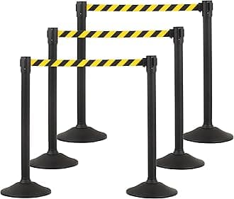 US Weight Sentry Stanchion Crowd Control Barrier - 6.5 Foot Retractable Black/Yellow Belt - 6PK - Easy-Connect Assembly Requires No Tools - Made in the USA