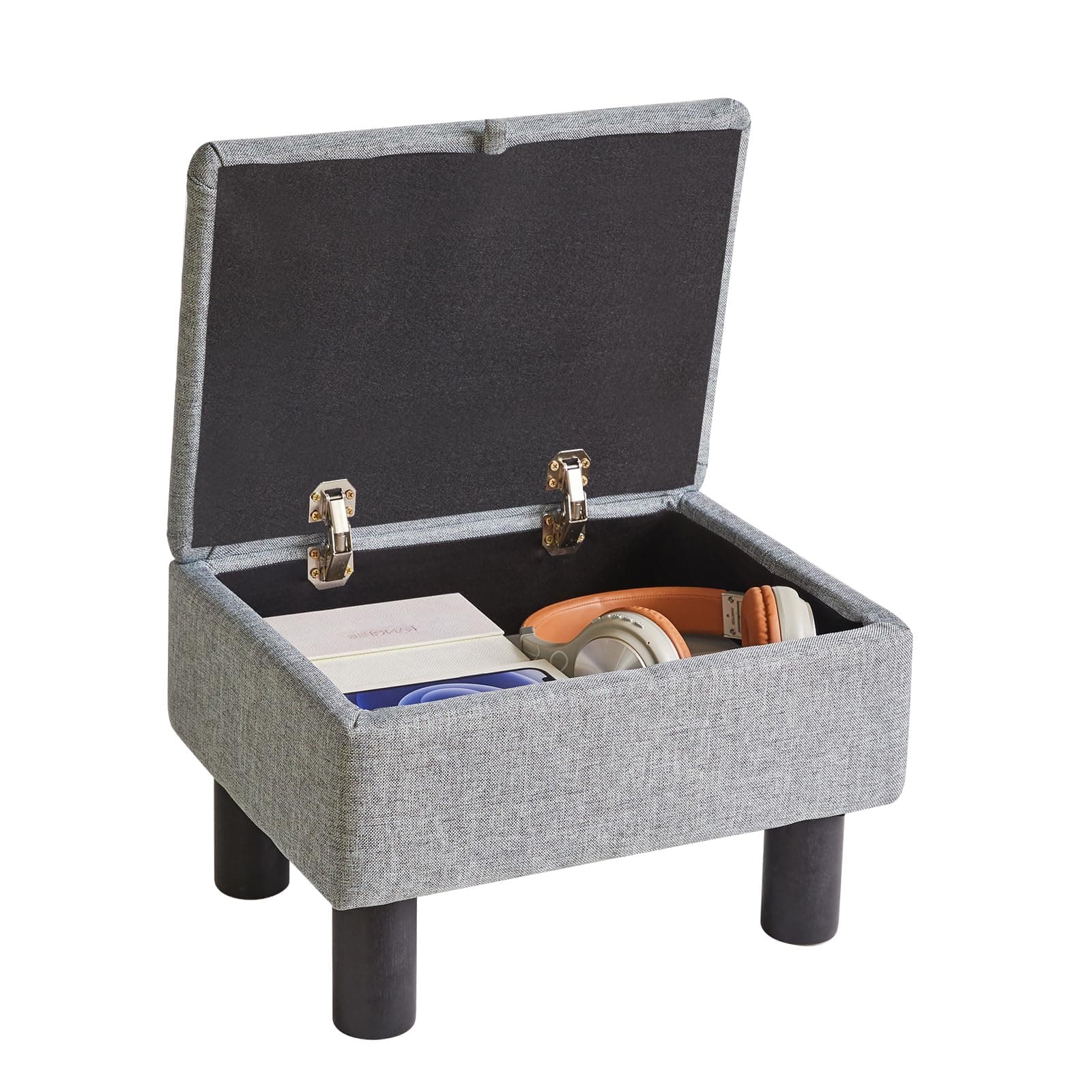 Small Foot Stool with Storage, Small Storage Ottoman with Wodden Legs, Sofa Footrest Extra Seating for Living Room Bedroom, Blue Grey, YD-JD1362