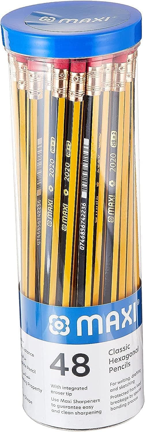 MAXI CLASSIC HEXAGONAL GRAPHITE PENCIL HB WITH ERASER TIP JAR OF 48PC, Black, LP48J