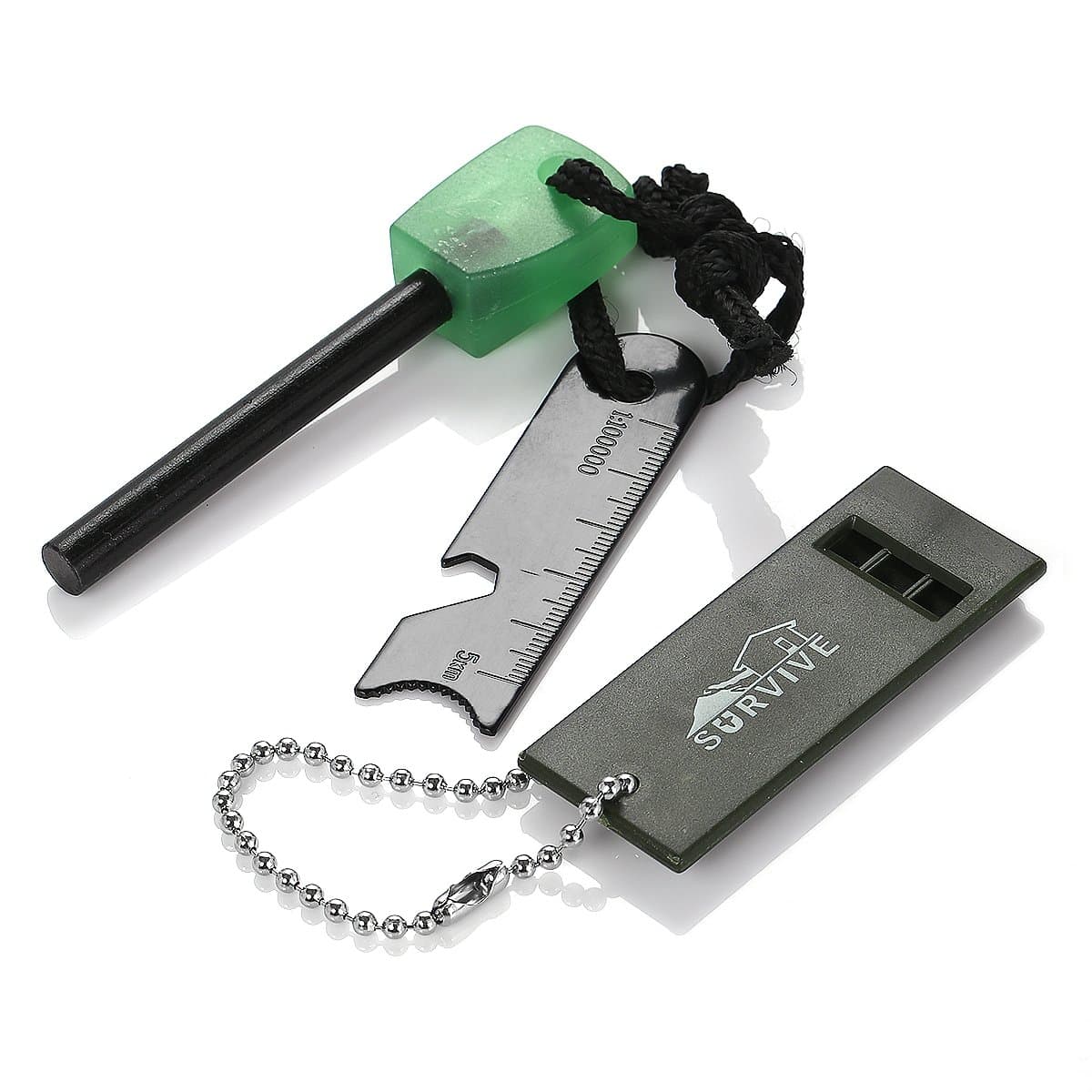 Survive Magnesium Flint Fire Starter - 6-in-1 Emergency Fire Starter Gear Pack with Luminous Green Handle, Bottle Opener, Serrated Edge, Mini Ruler and Rescue Whistle