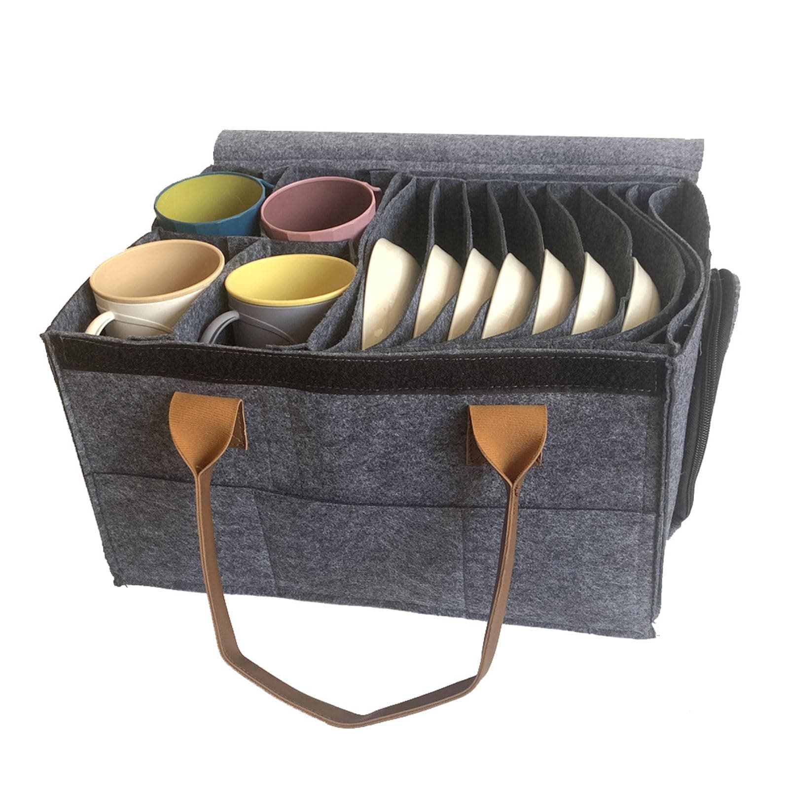 Caravan Plate Holder, Camping Storage Bag, Multipurpose Felt Camping Storage with Divider, Large Capacity Campervan Dinnerware Storage Solutions for Motorhome Mobile Home Camping Kitchen Cookware
