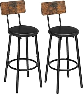 HOOBRO Bar Stools, Bar Stools Set of 2 with PU Upholstered, Bar Chairs with Footrest and Back, 26" Bar Stools for Kitchen Island, Dining Room, Easy to Assemble, Rustic Brown and Black BF31BY01G2
