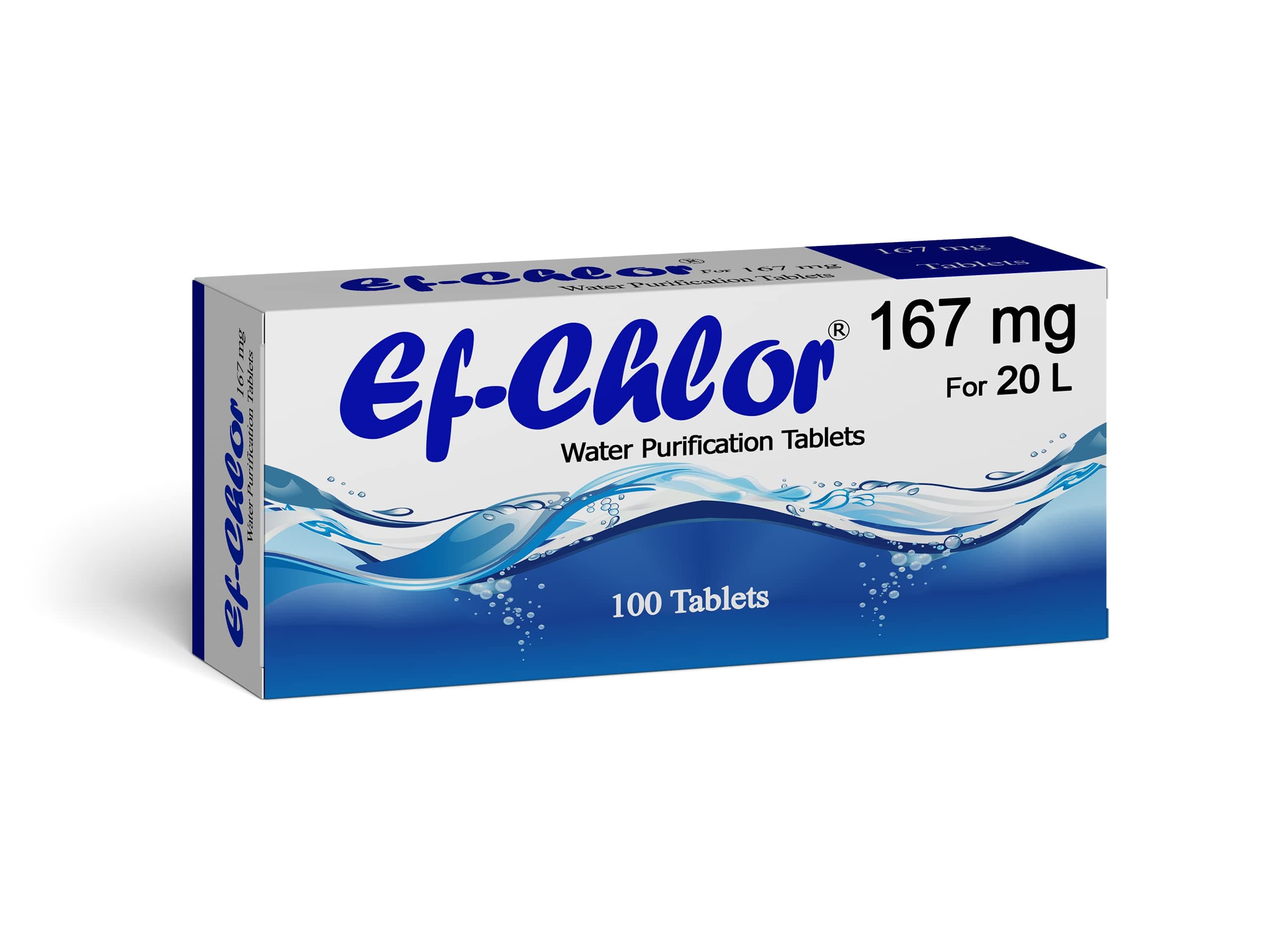 Ef-Chlor 167 mg Water Purification Tablets - 100 Pack NaDCC - Rapidly Effective Against Bacteria, Viruses, and Spores - Purifies 20 Liters of Drinking Water per Tablet