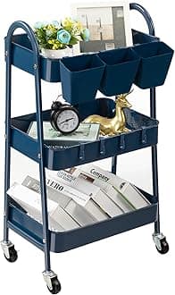 danpinera 3 Tier Metal Rolling Cart with Lockable Wheels and Hanging Cups and Hooks Mobile Trolley Cart for Kitchen Bathroom Office Workshop Dark Blue