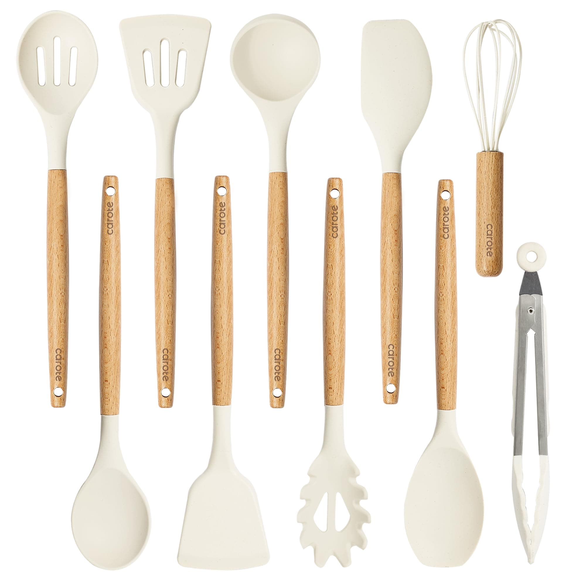 Silicone Cooking Utensils Set, Kitchen Utensils Set 10 Pcs for cooking, BPA Free Spatula Set with Heat Resistant Wood Handles for Nonstick Cookware (Cream White)