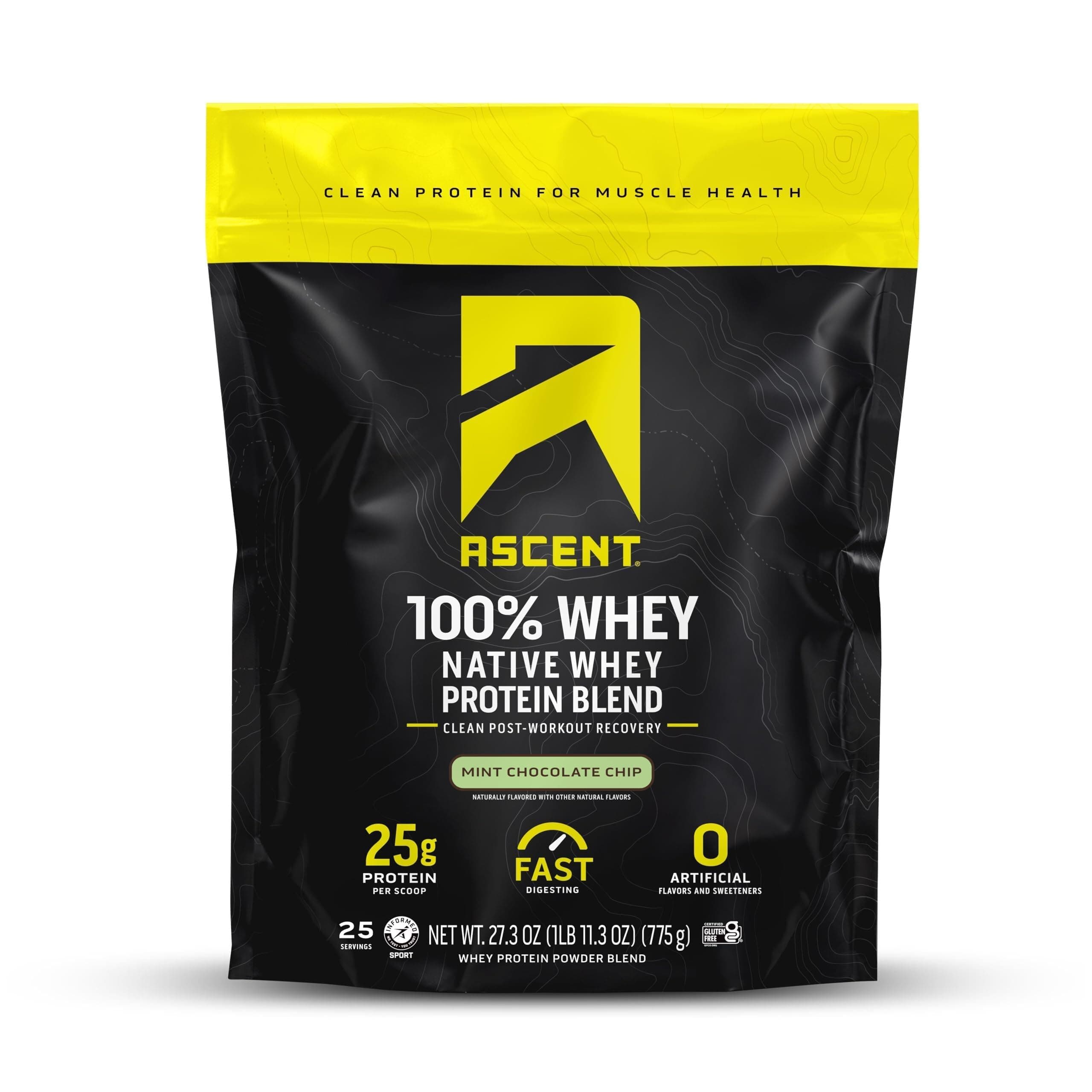 Ascent 100% Whey Protein Powder - Post Workout Whey Protein Isolate, Zero Artificial Flavors & Sweeteners, Gluten Free, 5.5g BCAA, 2.6g Leucine, Military Exclusive, Mint Chocolate Chip 1.7 lb