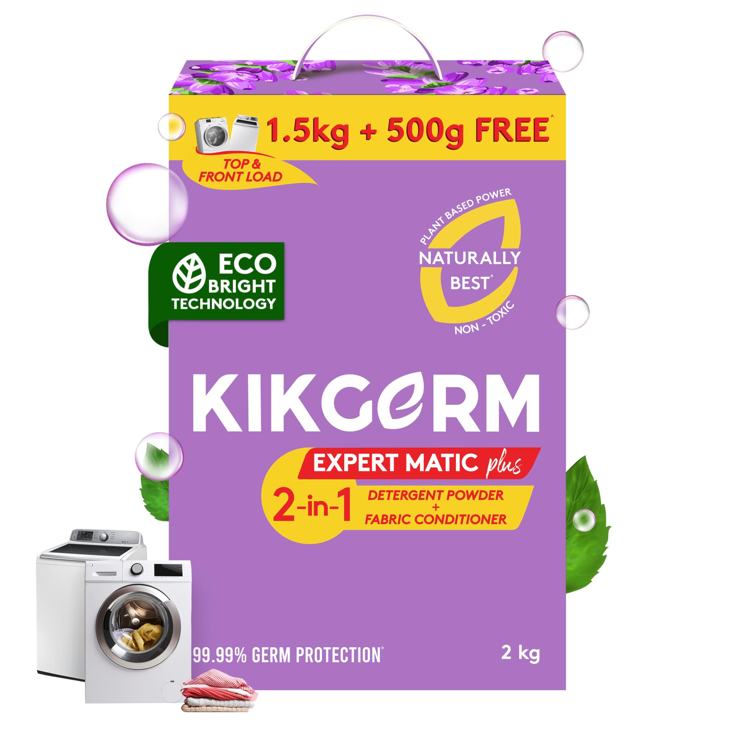 KIKGERM 2-in-1 ADVANCED Top & Front Load Detergent Powder + FABRIC CONDITIONER (2kg) | Tough Stain Removal + Soft Clothes | No Harmful Chemicals | Washing Machines Surf | (Rs. 90 DISCOUNT)