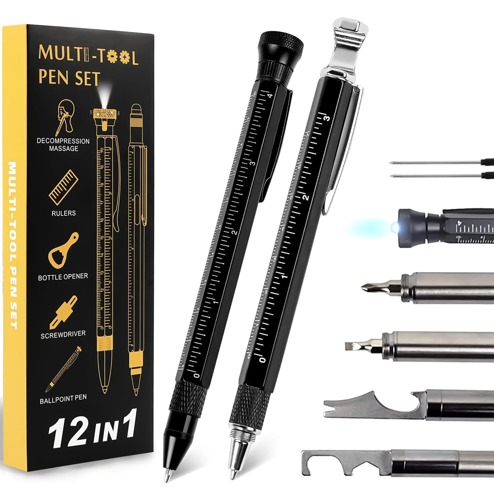 Multi-Tool Pen Set, 2Pack 12 in 1, Aluminum, Black, Stocking Stuffers, Men's Gifts