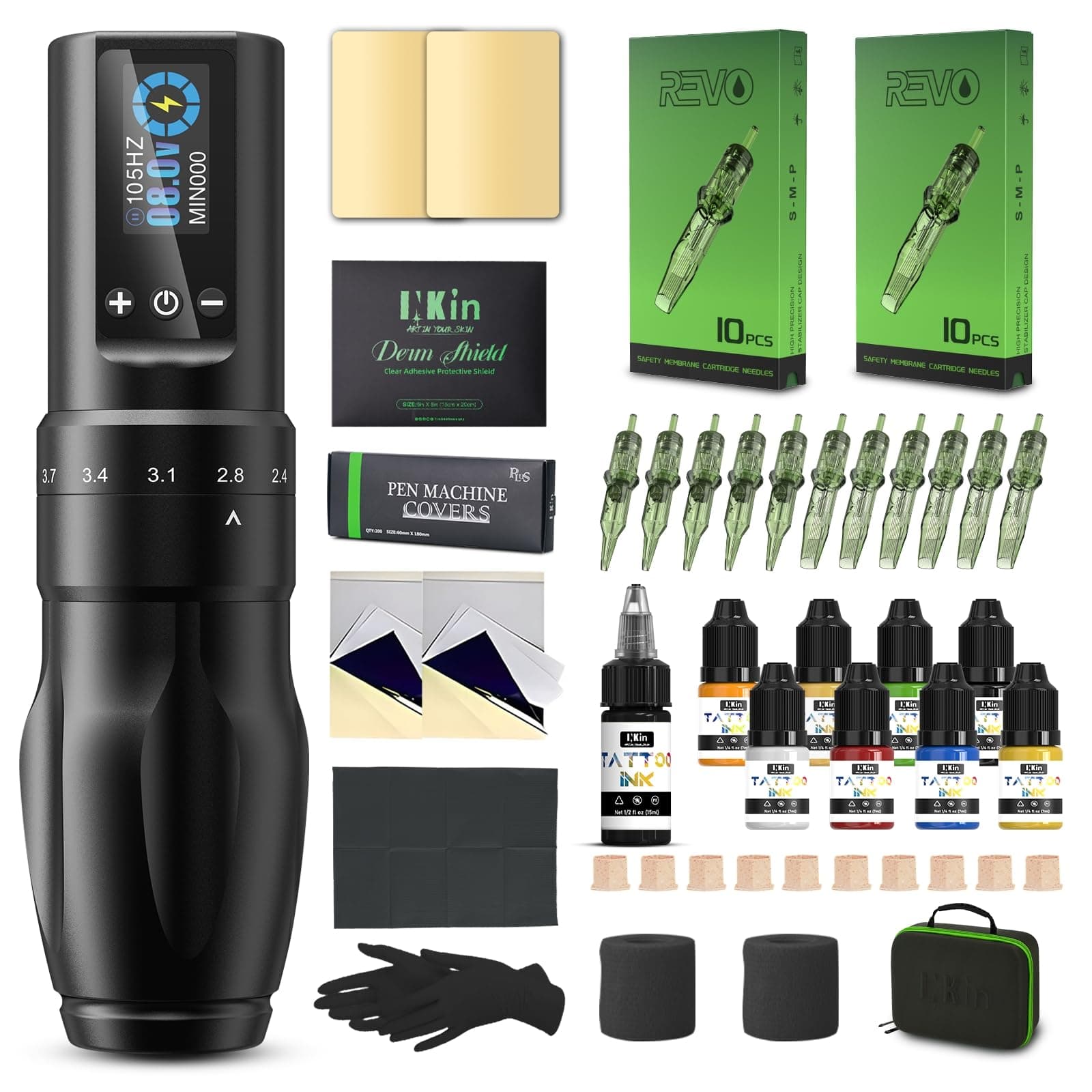Tattoo Kit for Beginners Complete Set, Wireless Tattoo Machine with 2.0mm-4.0mm Adjustable Stroke Length and 1600mAh Power Supply, 20Pcs Revo Tattoo Needles Assorted and 9Pcs Tattoo Inks