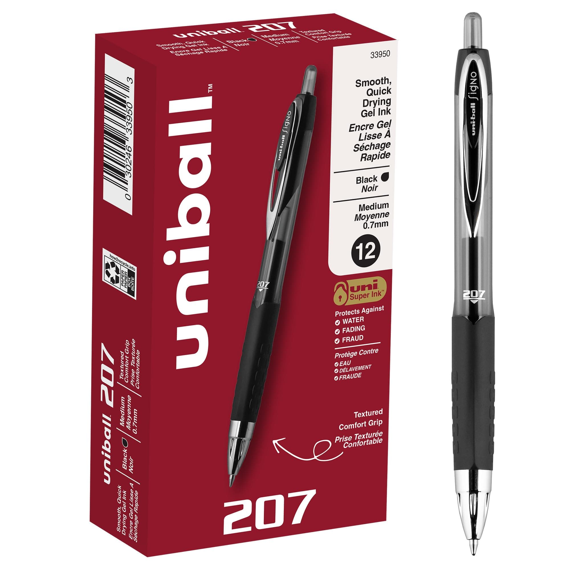 uni-ball 207 Retractable Gel Pens, Medium Point, Black, Box of 12-33950