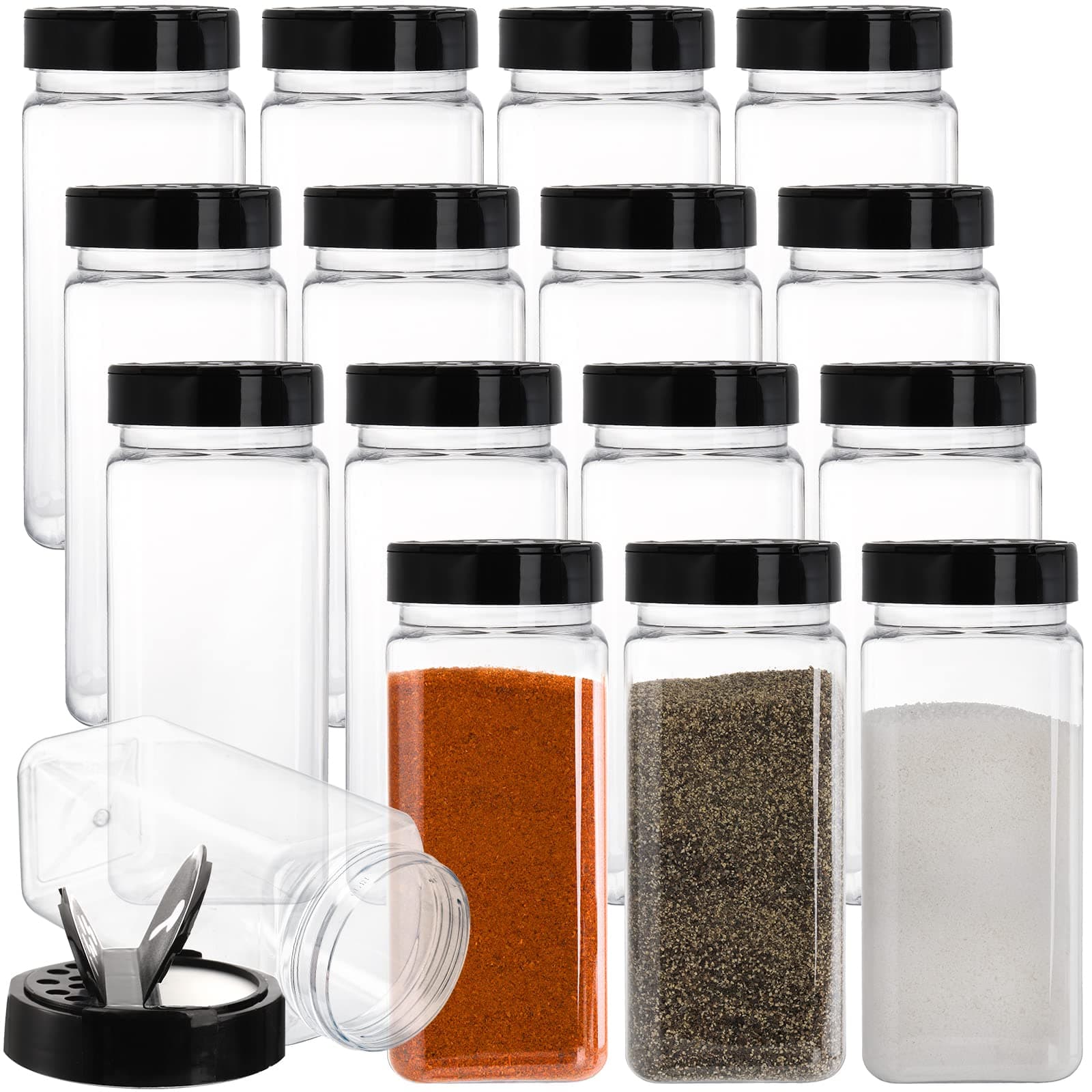 16 Pack 20 Oz Plastic Spice Jars with Shaker/Pourer Lids, Square Large Empty Seasoning Containers Clear Spice Bottles for Dry Food, Condiments, Herbs, Powders