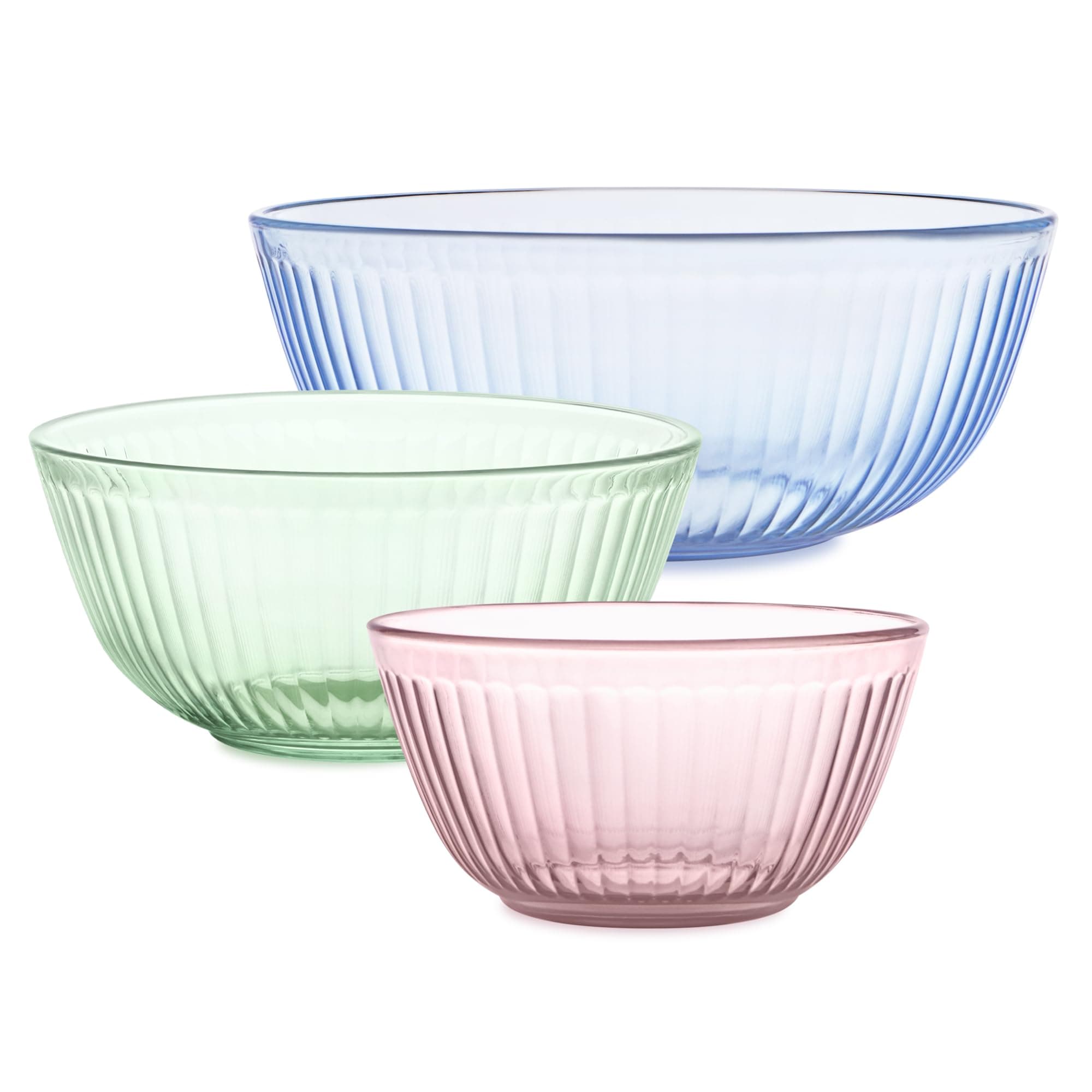 Pyrex Colors Tinted (3-Pack) Sculpted Tinted Unlidded Small/Medium/Large Glass Mixing Bowls, Nesting Space Saving Set of Bowls For Prepping and Baking, 1.3QT, 2.3QT & 4.5QT