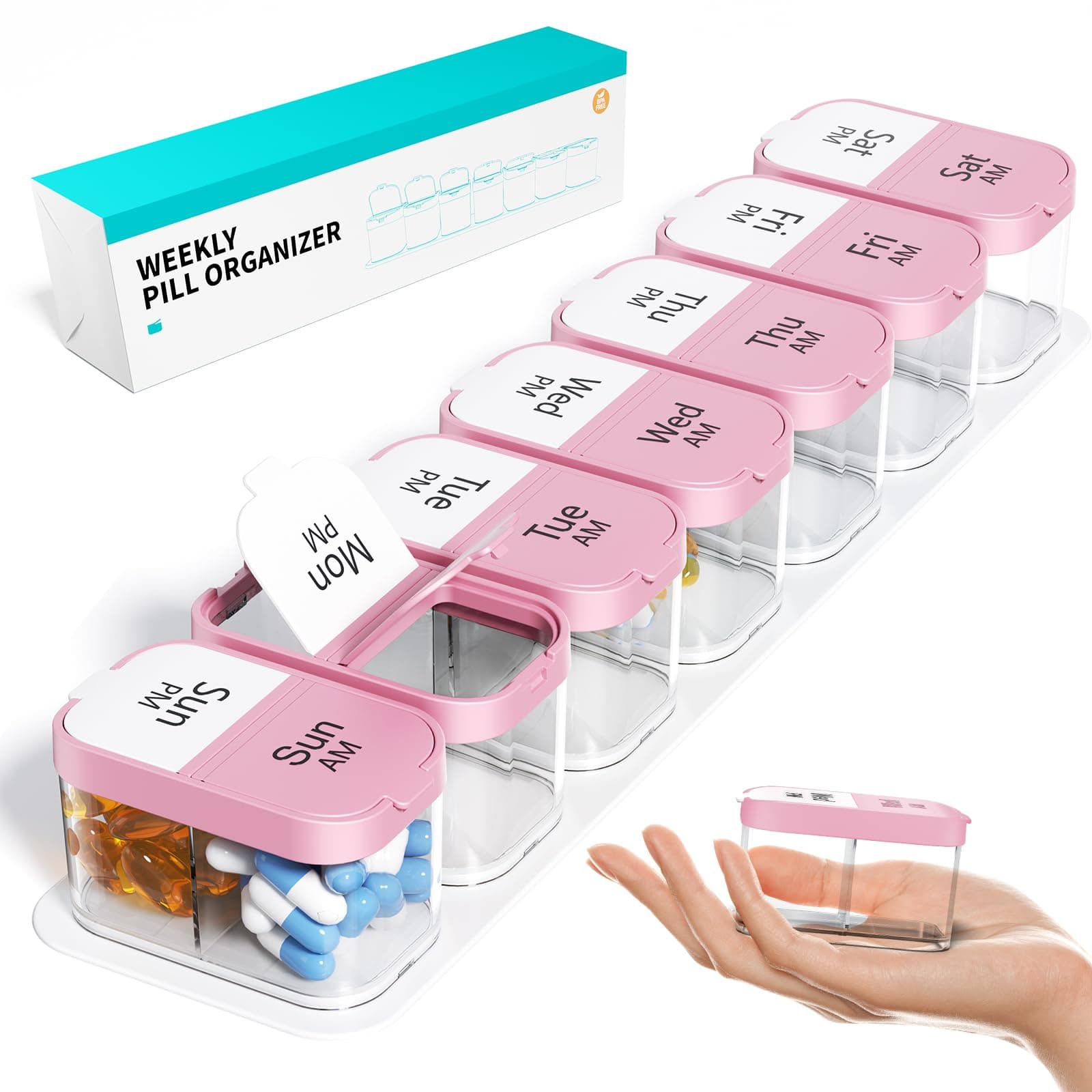 Odaro Extra Large Weekly Pill Organizer 2 Times A Day, Pill Box 7 Day Am Pm to Hold Daily Medicine Vitamin and Supplements - Pink