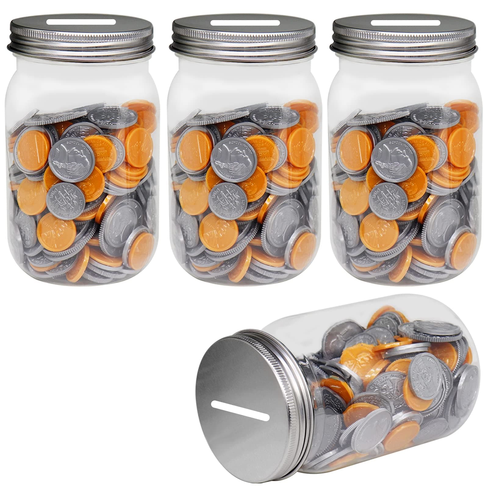 Small Clear Plastic Coin Banks 4-Pack, 16oz with Silver Slotted Lids, Tip Coin Jars for Adults Teens Kids