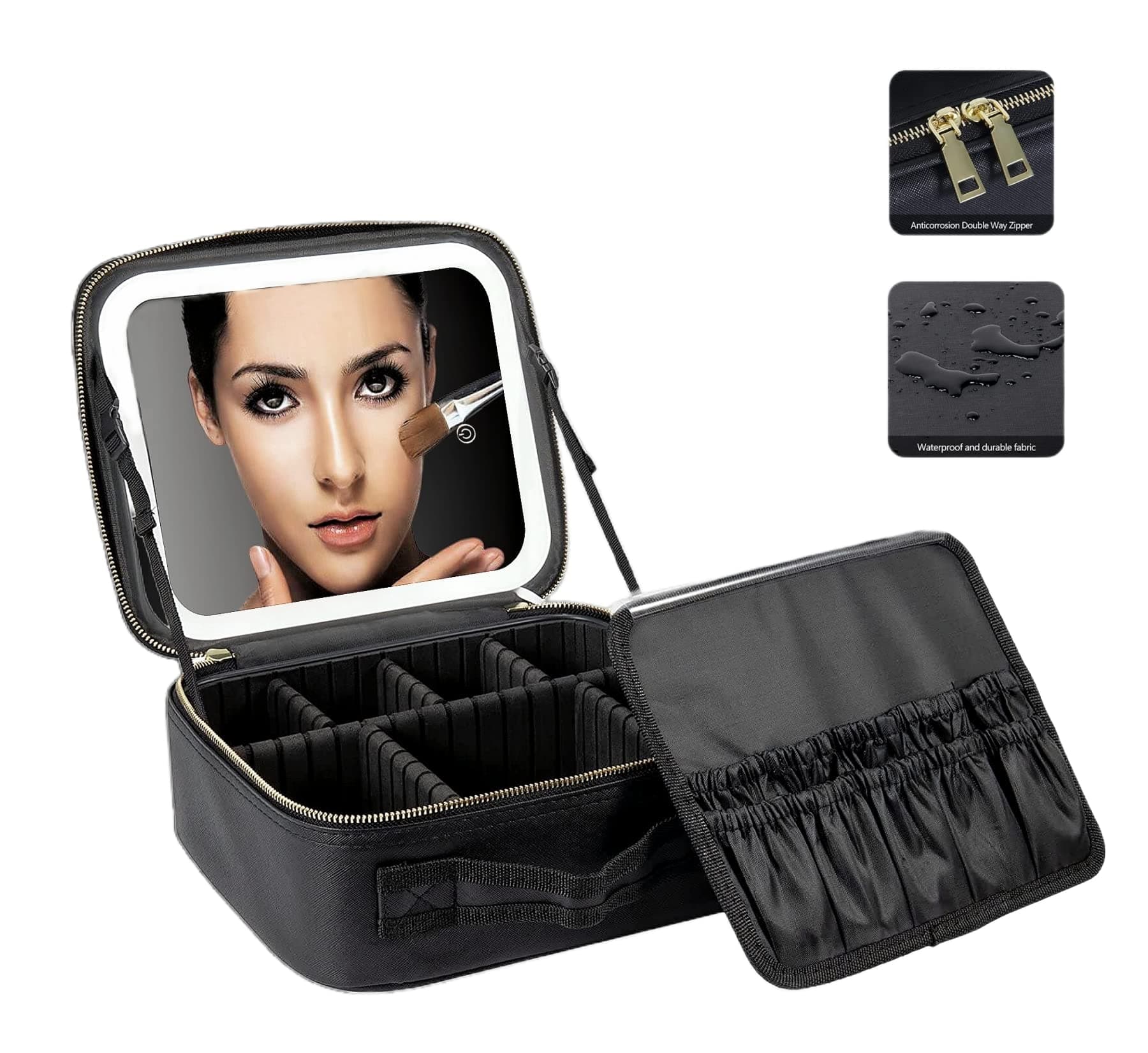makeup bag with LED mirror, 3Adjustable Brightness mirror makeup bag with Dividers suitable for your Jewelry, Essential oil,Toiletries storage and makeup daily (AE-SQ-black), medium