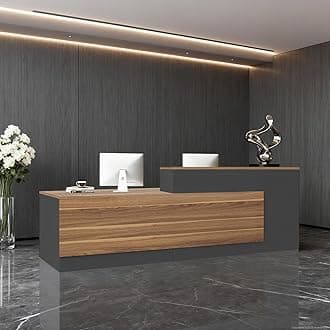 Modern L-Shaped Reception Desk with Hutch, Reception Counter Table, Lockable Drawer Door Cabinet, Office Wooden Computer Front Desk (European Oak+lron Gray-Right Cabinet, 71"L*24"W*41"H)