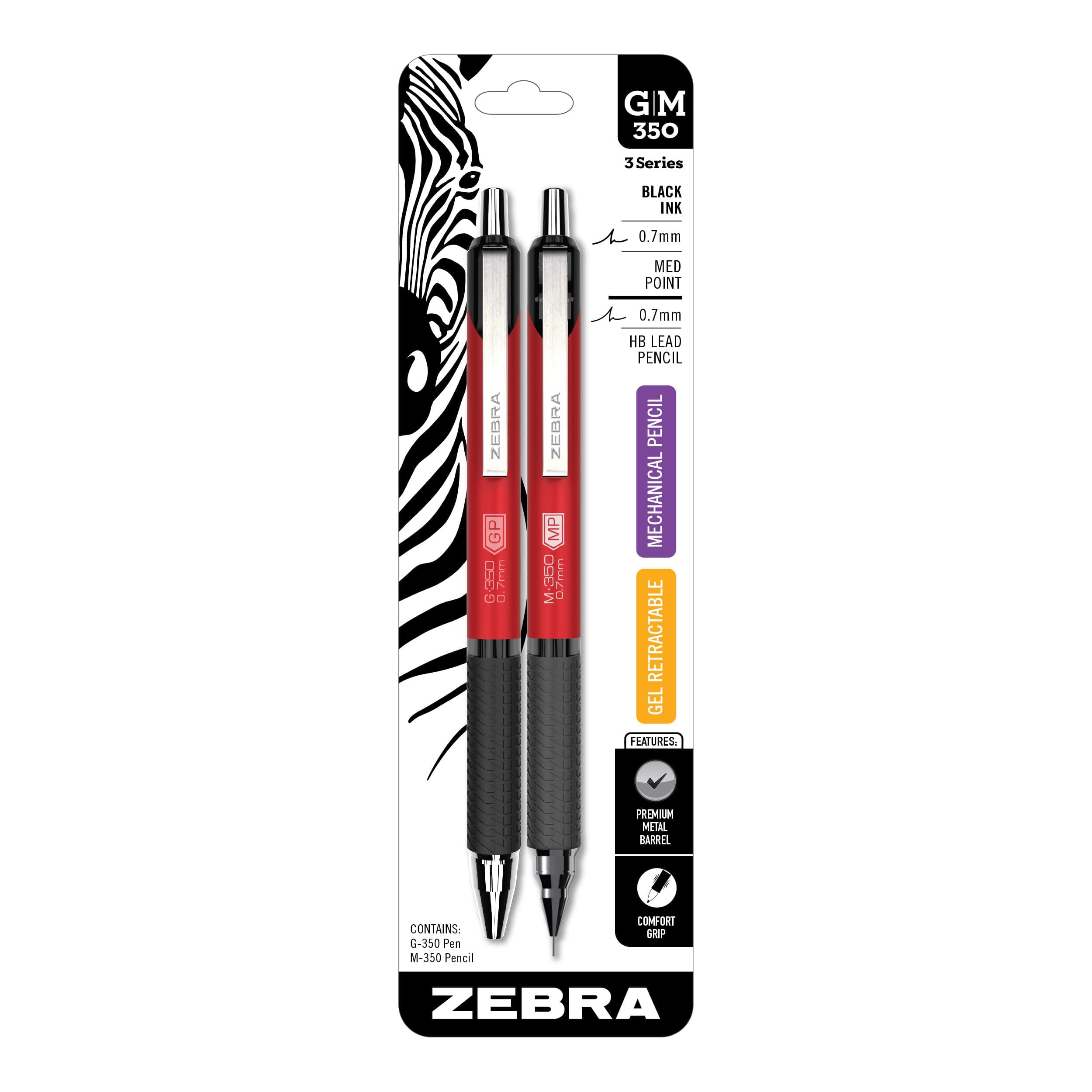 G-350 + M-350 Writing Set 2-Pack, Black Ink & Pencil Lead, 0.7mm Medium Point, Red Premium Metal Barrel, Gel Pen and Mechanical Pencil Combo, Sleek Matching Design (11132)