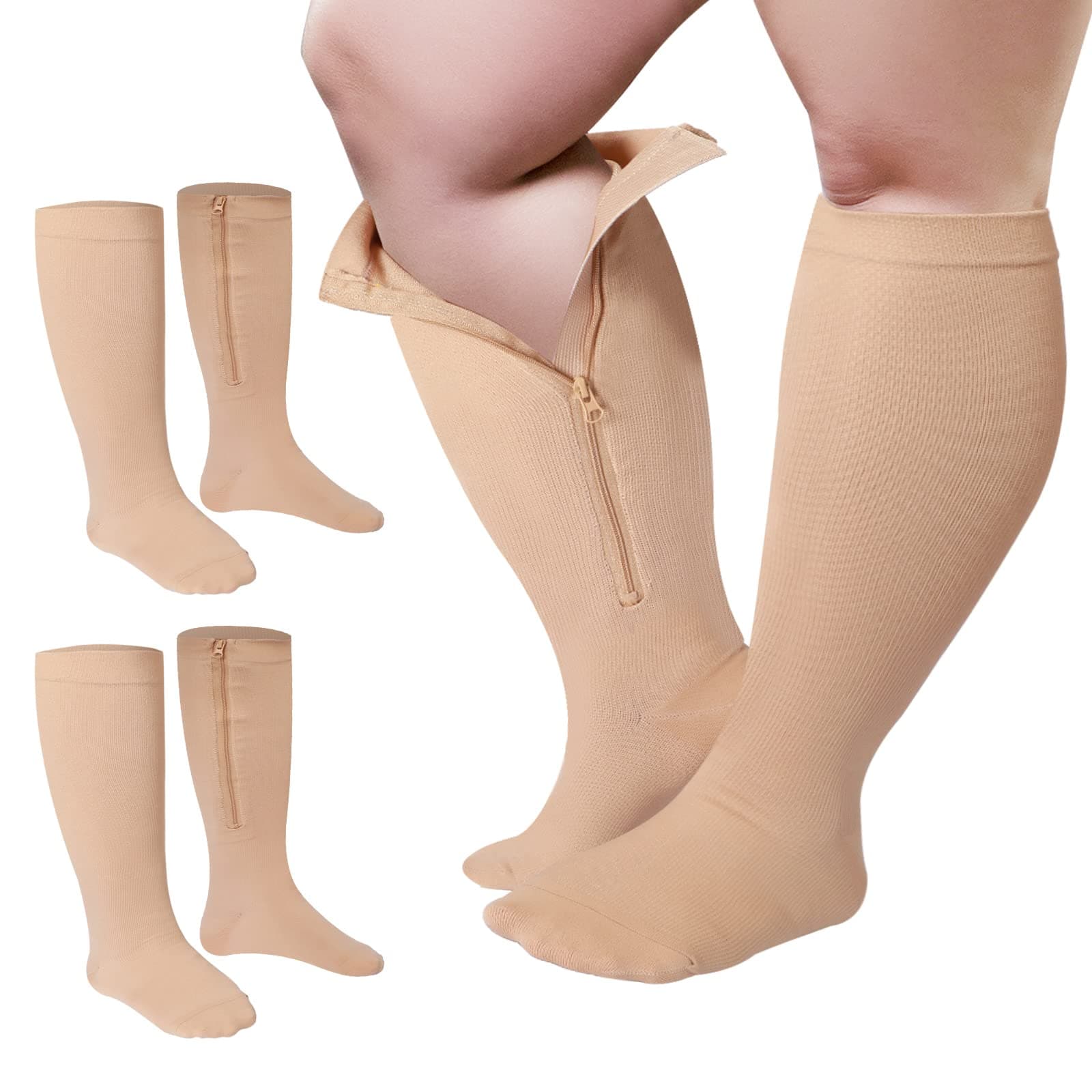 2 Pair Wide Plus Size Calf Compression Socks with Zipper for Overweight Women Men 15 to 25 MmHg