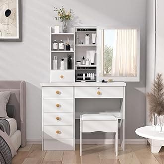 kamuloukDressing Table with Sliding Mirror, Bedroom Vanity Table with Cushion Stool, Makeup Desk with 6 Drawers, Open Shelves, Hidden Storage Space, Wooden Modern Bedroom Dresser, 80x37x122cm White