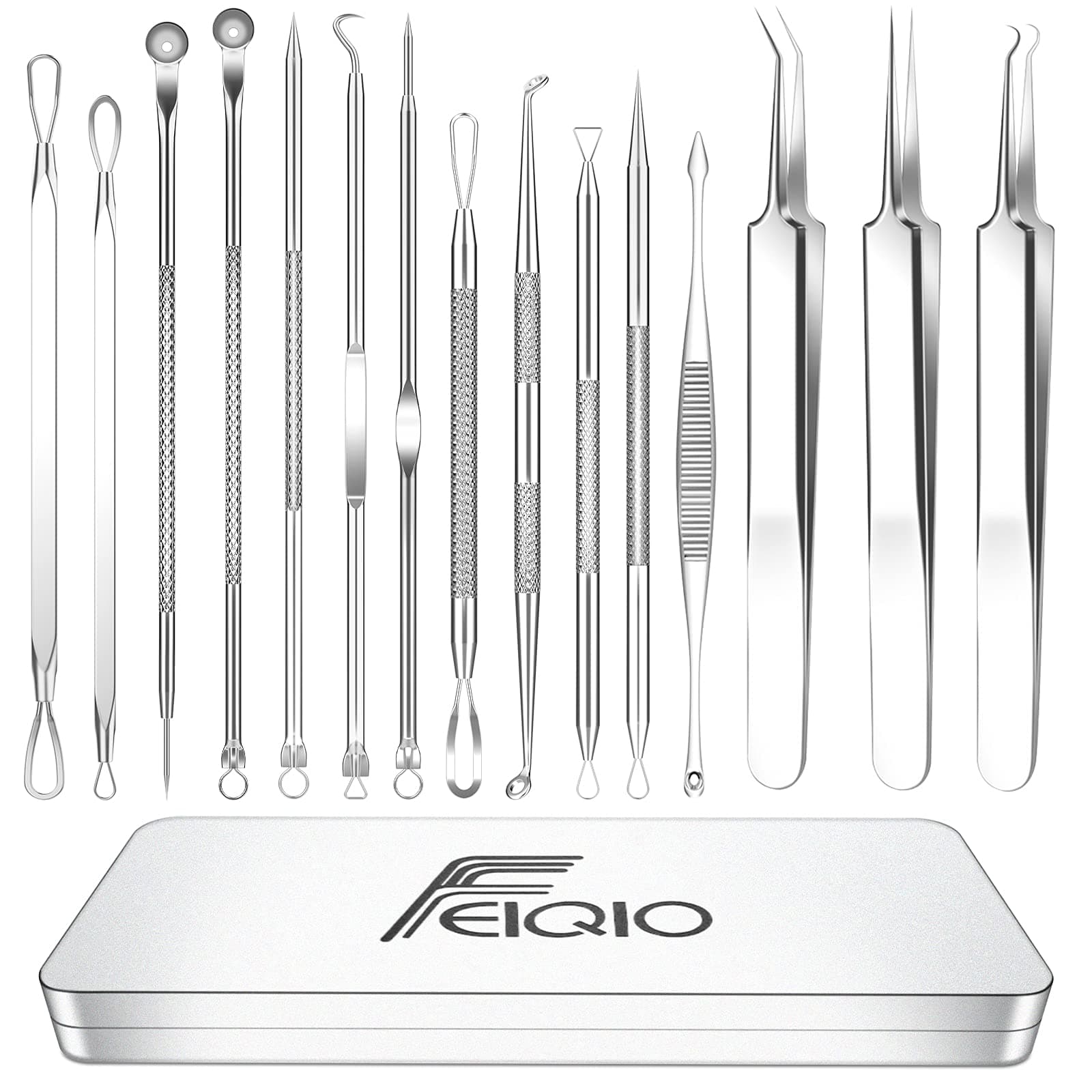 Pimple Popper Tool, 15 PCS Blackhead Remover Tools Kit, Acne Extractor Tool, Professional Stainless Pimple Acne Blemish Removal Tools Set with Metal Case (Silver)
