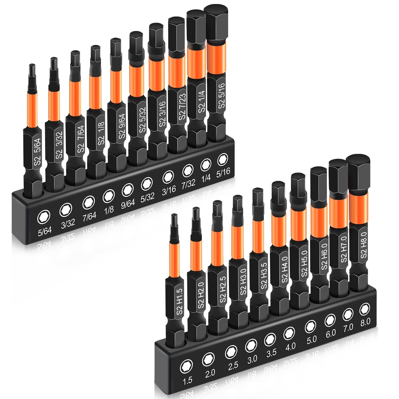 20PCS Premium Hex Bit Set, Impact Allen Wrench Drill Bit Set (Metric&SAE), 1/4” Hex-Shank S2 Alloy Steel Key Drill Bit Set with Magnetism, CNC Machined Tips, 2" Long with Storage Box