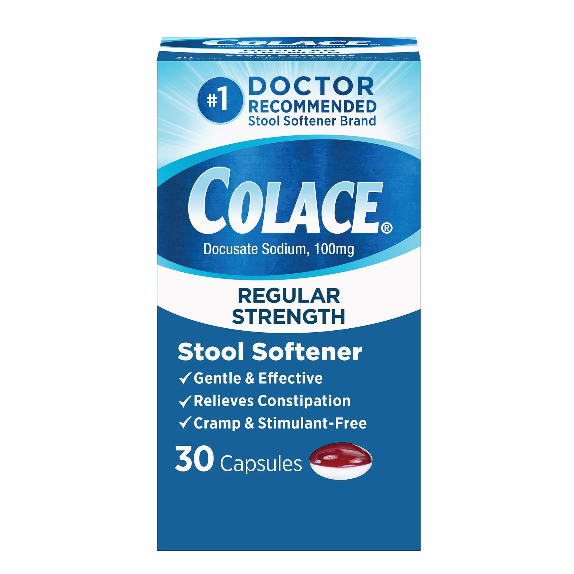Stool Softener 100 mg, 30 Capsules, Constipation Relief, Docusate Sodium, Gentle Docusate, Stimulant-Free, Regular Strength, #1 Doctor Recommended Stool Softener Brand