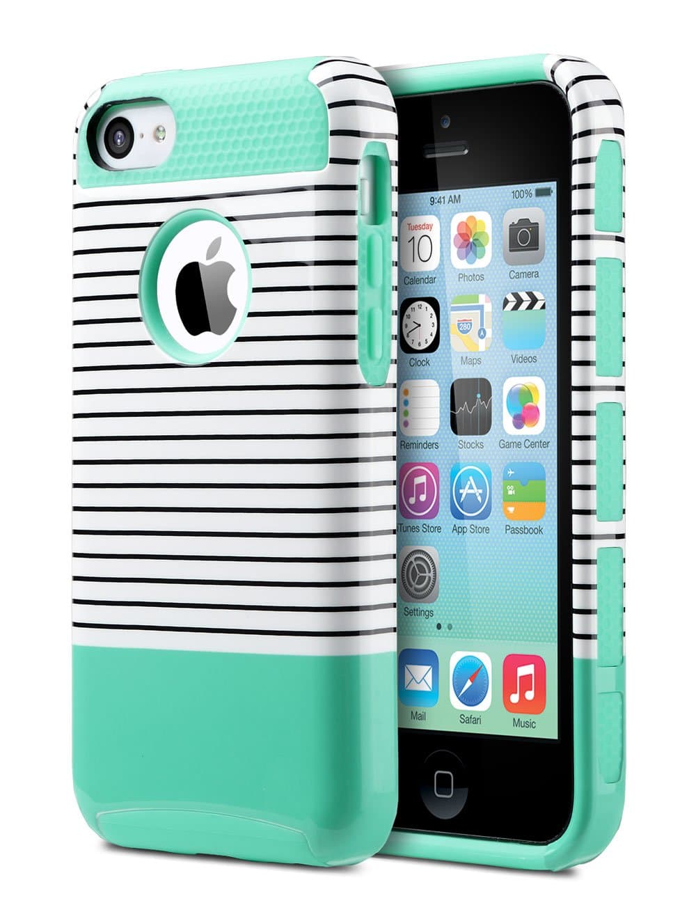 iPhone 5C Case, ULAK Slim Fit Lightweight 2in1 Rugged Flexible TPU Hard Plastic Hybrid Anti Scratches Dual Layer Shock Absorbtion Protective Cover for Apple iPhone 5C (Minimal Mint Stripes)