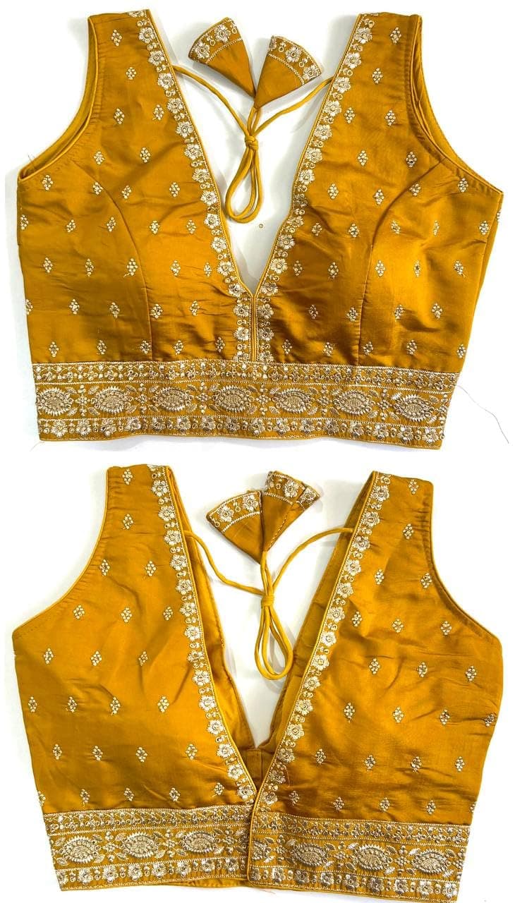 Women's Silk Deep V Cut Neck Embroidery Work with Handwork Sleeveless Readymade Blouse (38" Stitched and Upto 42" Margin)