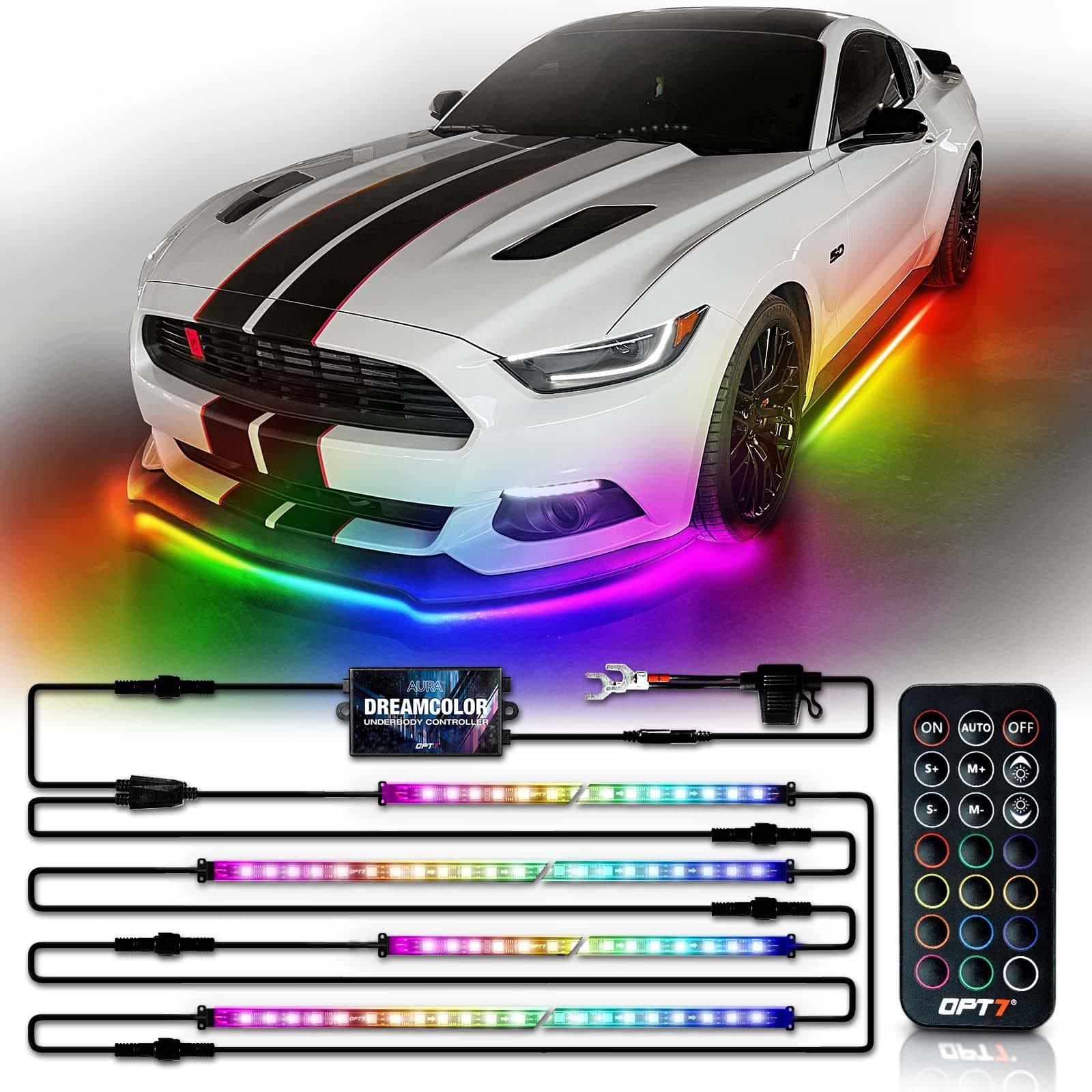 Aura DreamColor Underglow Chasing Light Kit with APP & Remote Control, 4 PCS Flexible RGBIC LED Strips, 12V Neon Accent Underbody Lights for Car Truck RV, Multi Color Music Mode, Easter Gifts