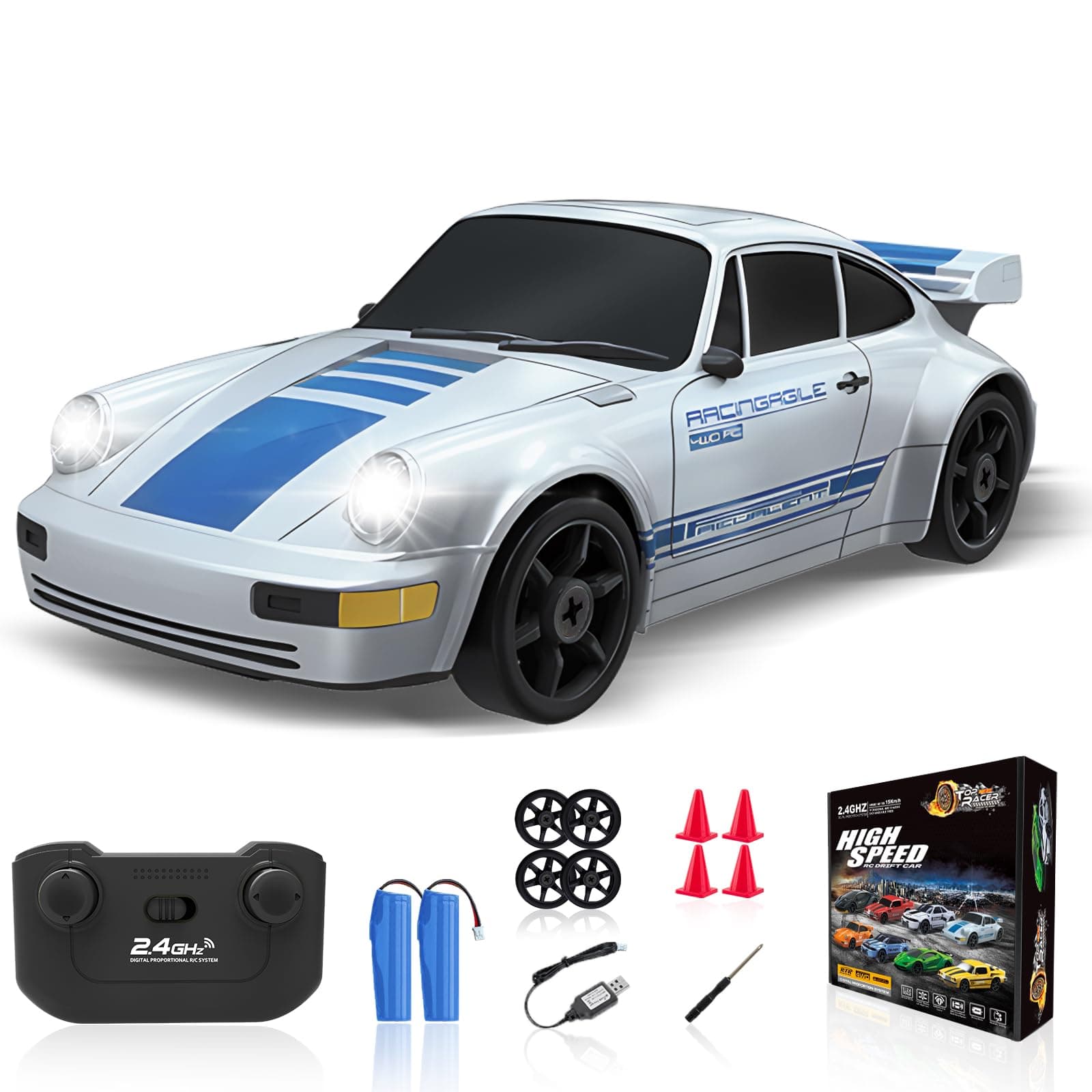 RC Drift Car, 2.4GHz Remote Control Car with LED Light, 1/24 4WD High Speed Drifting RC Cars with Two Rechargeable Batteries and Drift Tires, Toy Cars for Kids Adults, Silver