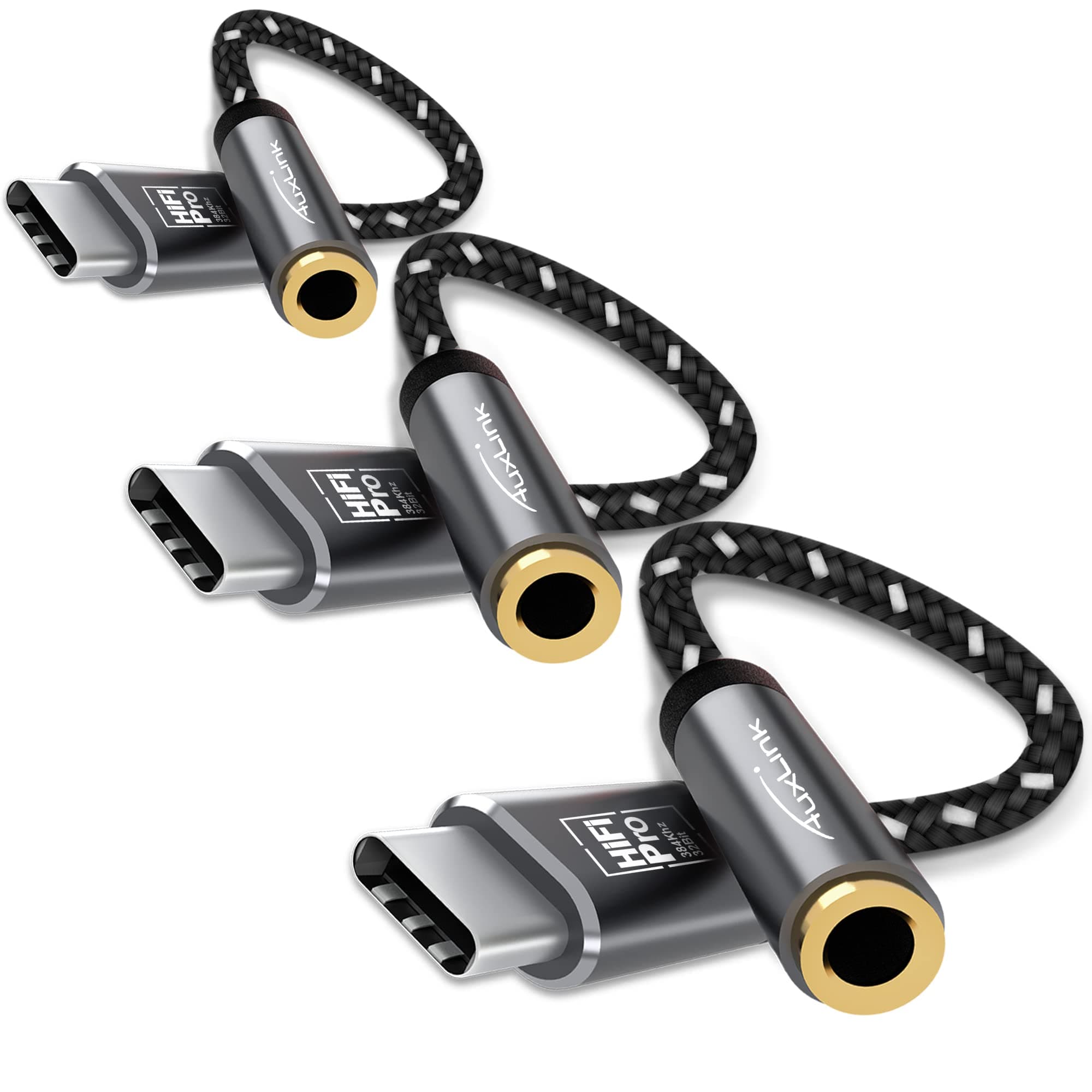 USB C to 3.5mm Audio Adapter 3Packs, AuxLink USB Type C Headphone Adapter Hi-Fi DAC Chip, USB C to Headphone Jack Female Aux Adapter for iphone 15, Samsung Galaxy S22 S21 S20 Plus/Ultra Note 20/10