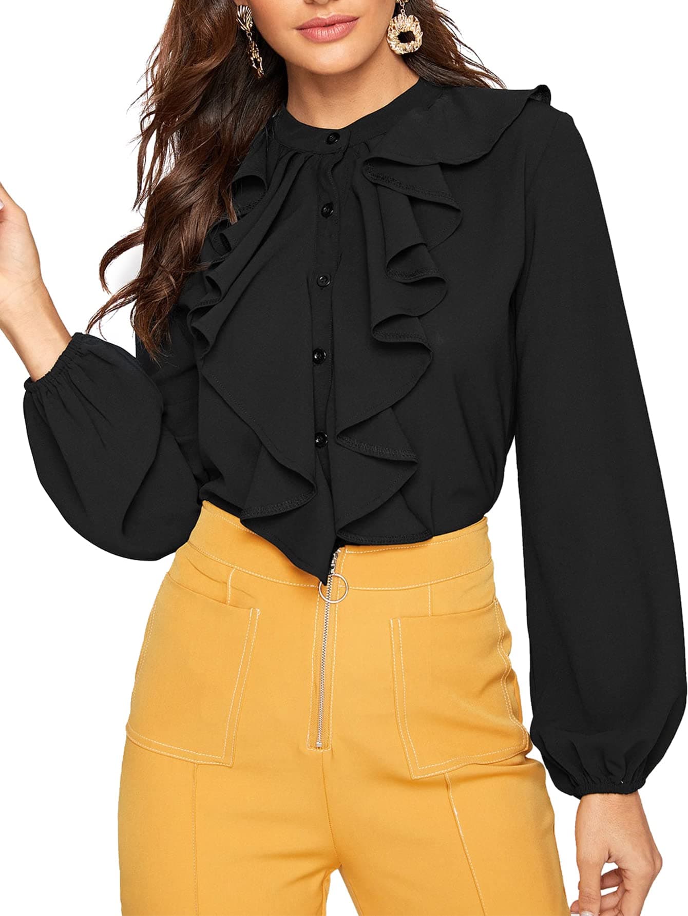 Women's Long Sleeve Button Down Lotus Ruffled Work Shirt Chiffon Blouse Top