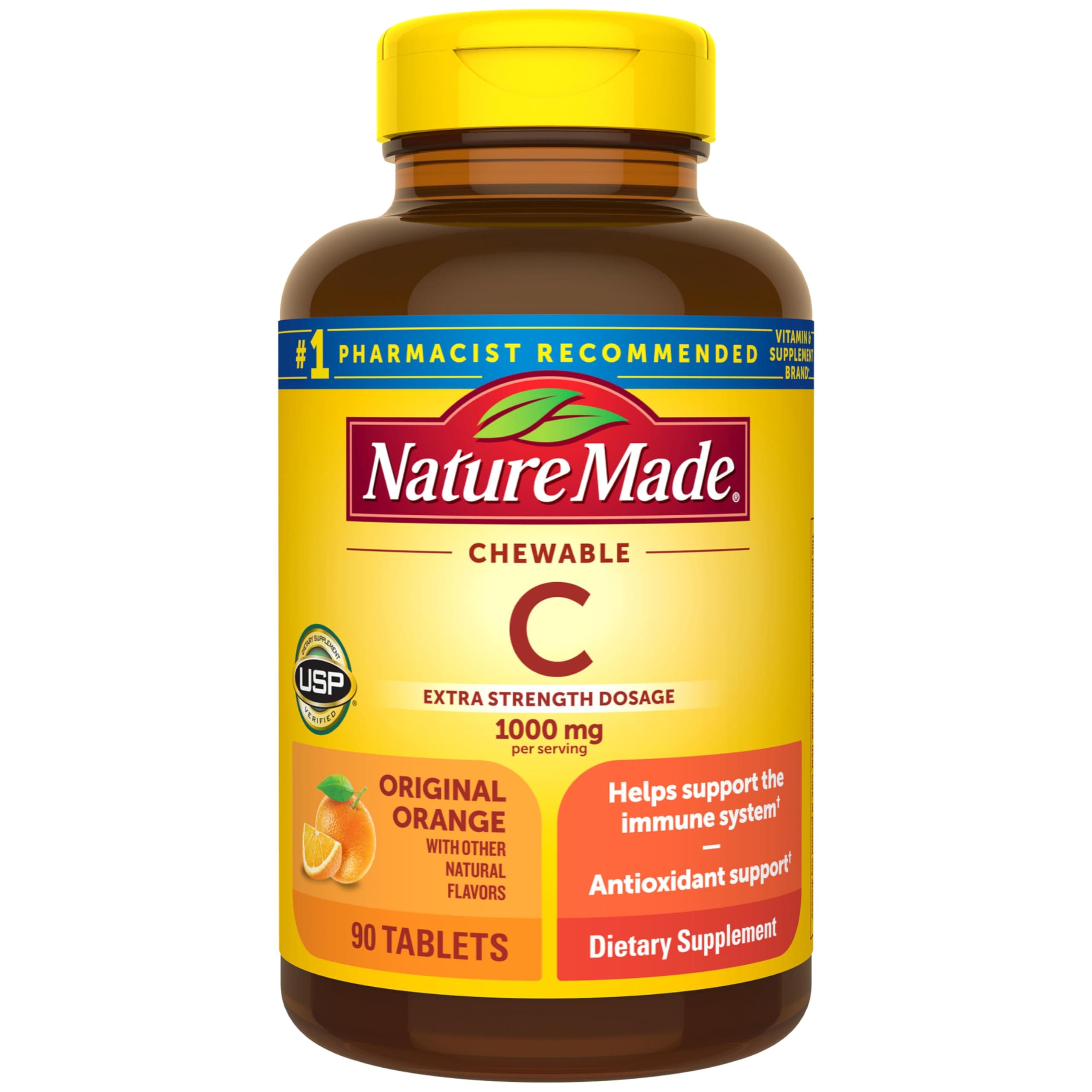 Extra Strength Dosage Chewable Vitamin C 1000 mg per serving, Vitamin C Chewable Dietary Supplement for Immune Support, 90 Tablets, 45 Day Supply