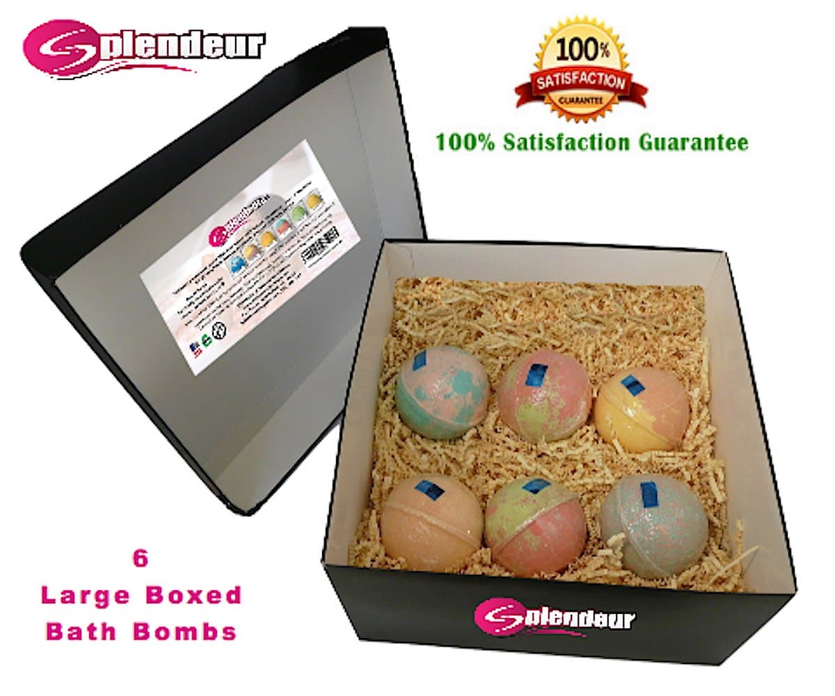 SPLENDEUR Box O LARGE LUSCIOUS Bath Bombs(6) Spa SET-3"Diameter-Pamper U |Gift (Mothers Day)-USA Handmade-100% NATURAL-Shea Butter|Coconut Oil|Essential Scents|Moisturize Skin+FREE Essential Oil Book!