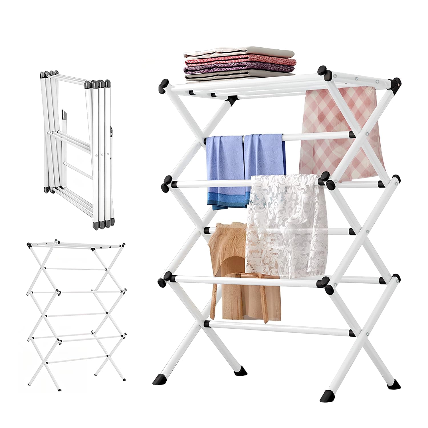 3 Tier Foldable Clothes Drying Rack, Expandable Airer With 11 Thickened Poles, Space Saving Indoor Outdoor Dryer, Compact Horse - White
