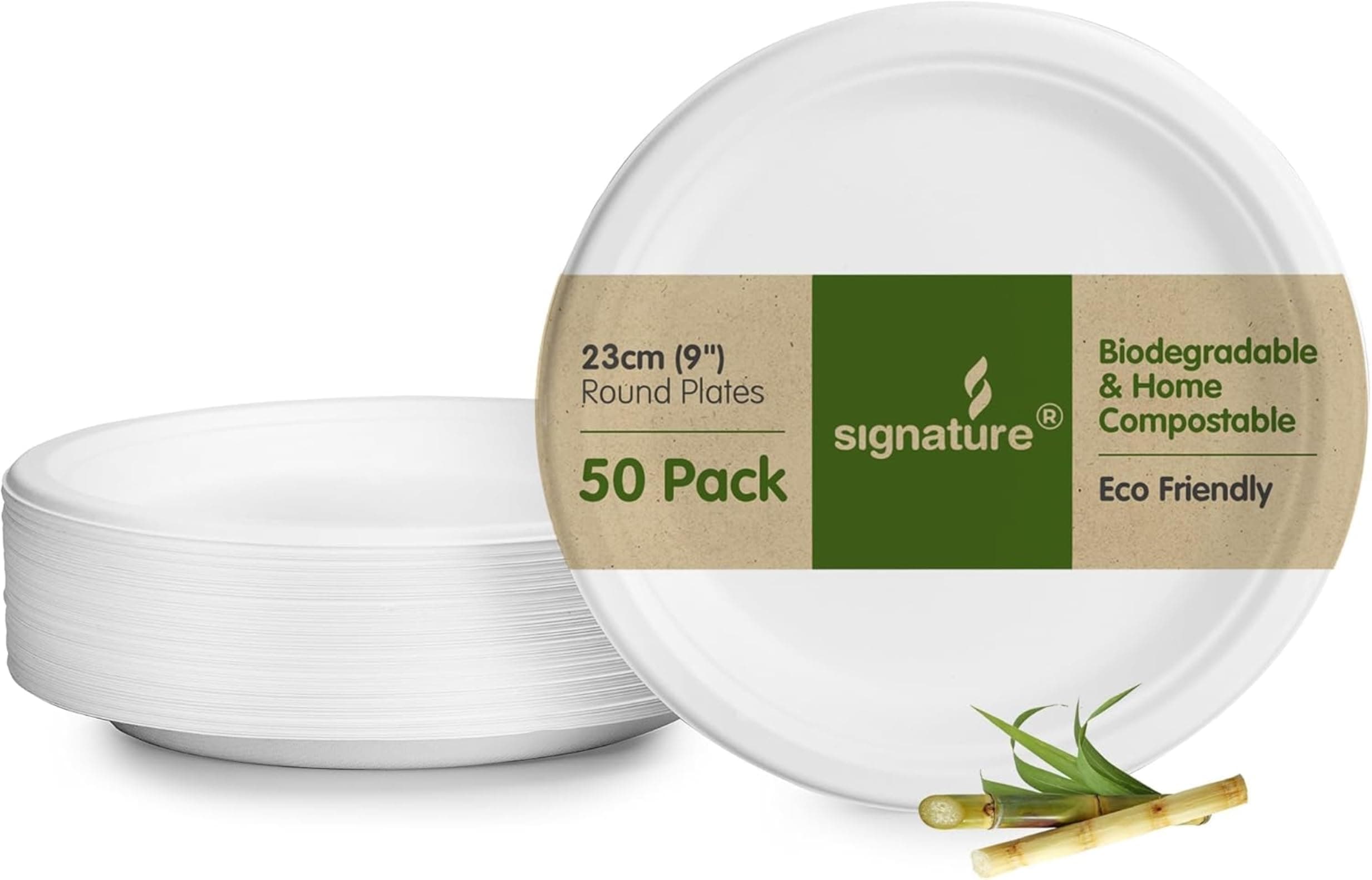 Signature Packaging Sturdy Round Paper Plates, Disposable and Biodegradable Dinnerware for Parties and Events, Eco-Friendly Compostable for Hot and Cold Food - Round 9” (24cm) 50 Plates per Pack