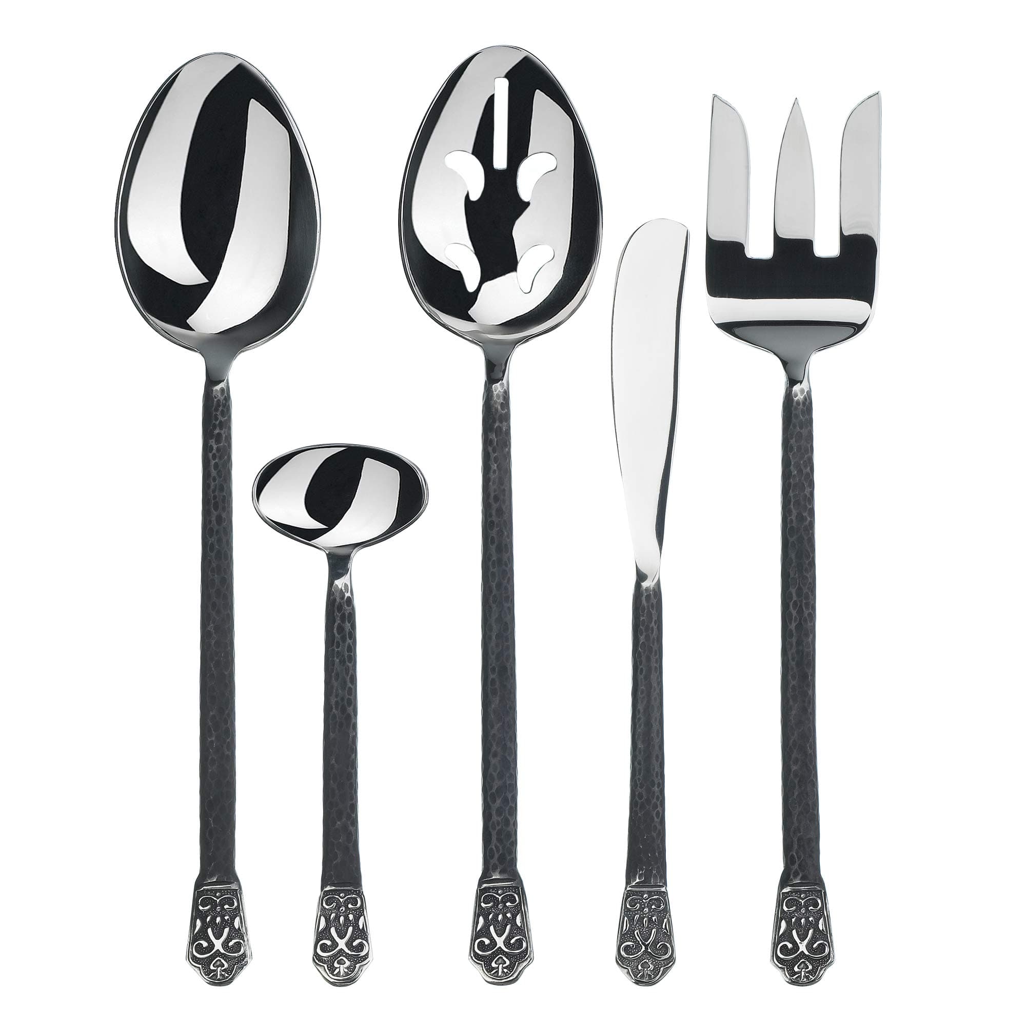 Gourmet Settings 5-Pieces Hostess Silverware Avalon Collection-Matte/Polished Metal Flatware Serving Set Stainless Steel Kitchen Utensils Knife/Fork/Spoons