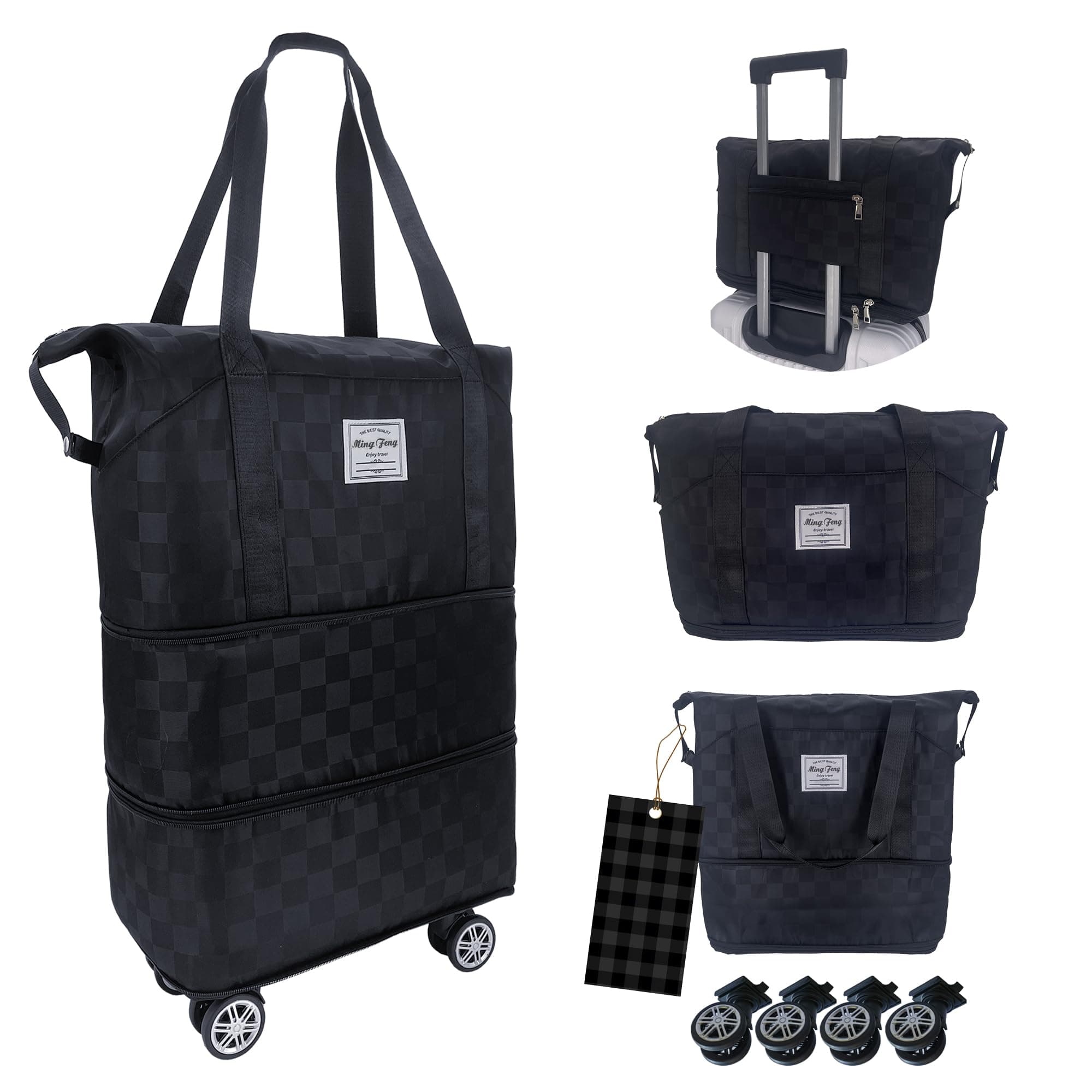 Expandable foldable duffel bag suitcase, detachable rolling wheels,carry-on large duffel bag,luggage bag,suit gym,camping,travel or business trip,Gift for wife and parents-Checkerboard(BLACK)