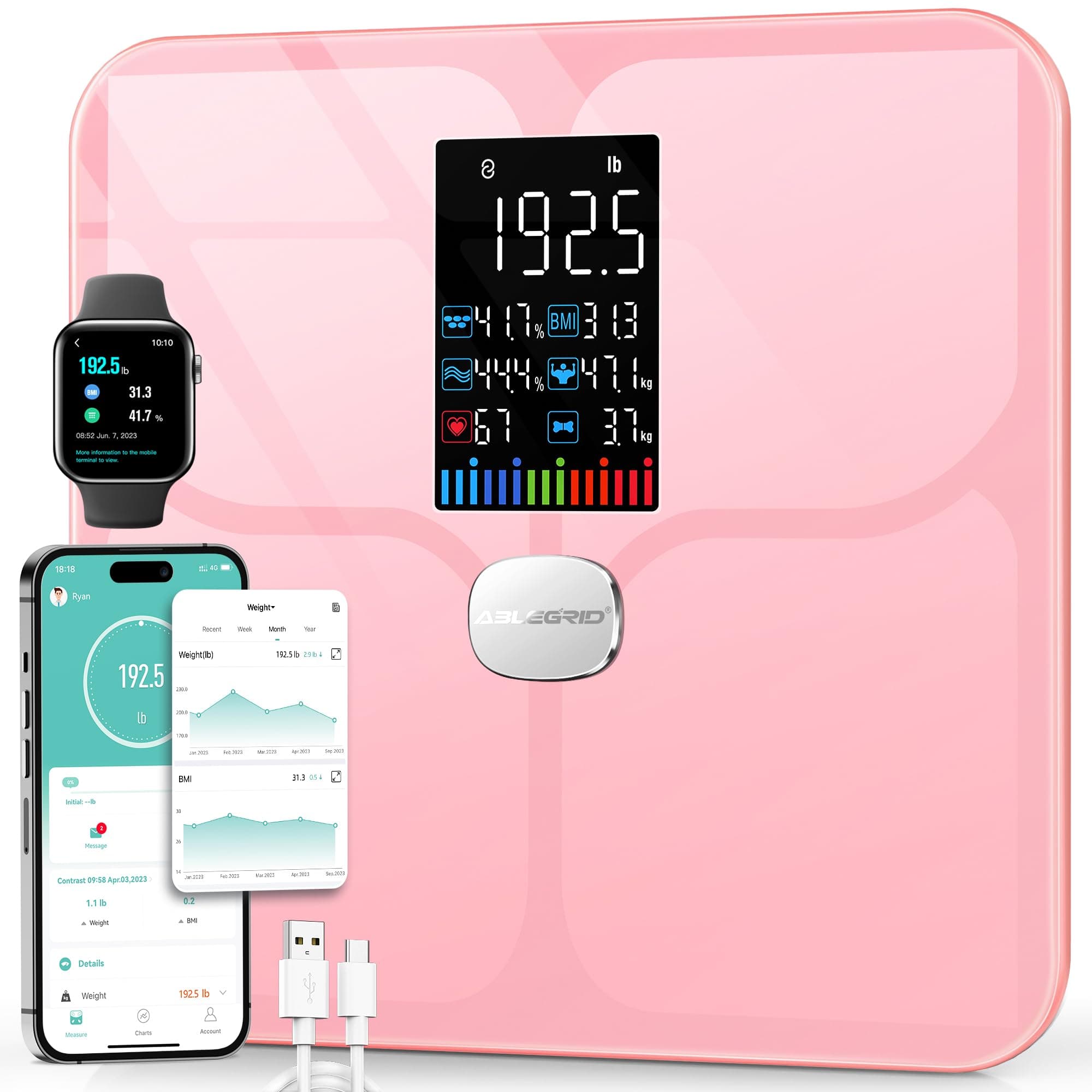 ABLEGRID Body Fat Scale,Digital Smart Bathroom Scale for Body Weight,Large Color Display Screen,22 Body Composition Metrics BMI,Water Weigh,Heart Rate,Baby Mode,400lb,Rechargeable-Rosegold