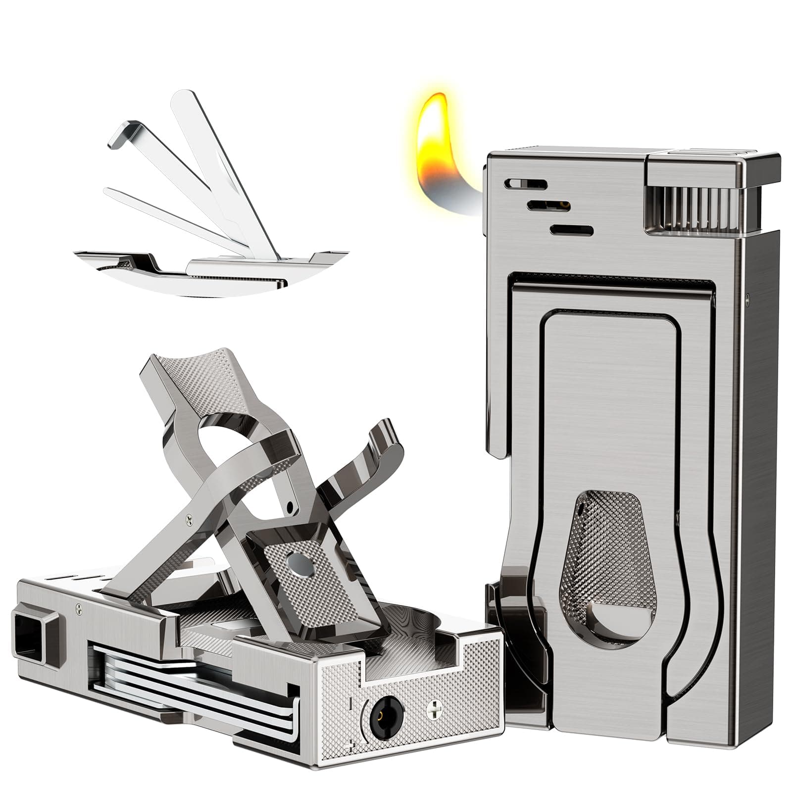 5 in 1 Pipe Lighter,Built-in Pipe Stand, Stainless Steel 3 in 1 Pipe Tool Cleaner - Pipe Reamer Tamper Pokers, Refillable Butane Lighter with Angled Soft Flame, Pipe Gift for Pipe Smokers